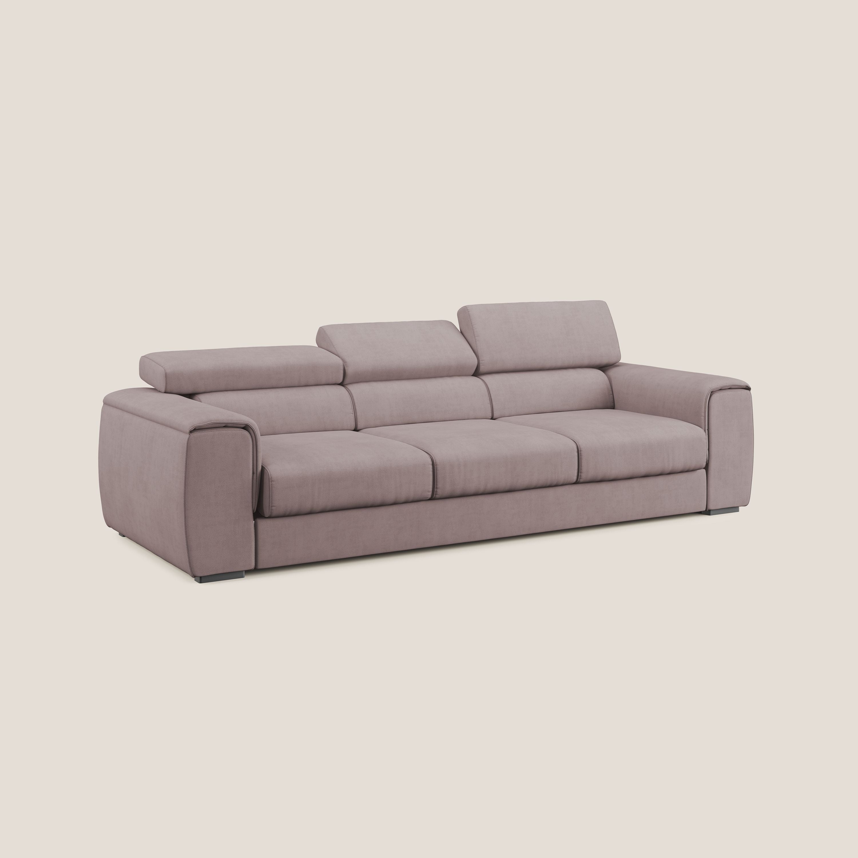 Zeno Divano con pouf estraibile poggiapiedi a 3 sedute in tessuto morbido impermeabile T02 rosa - divani.store