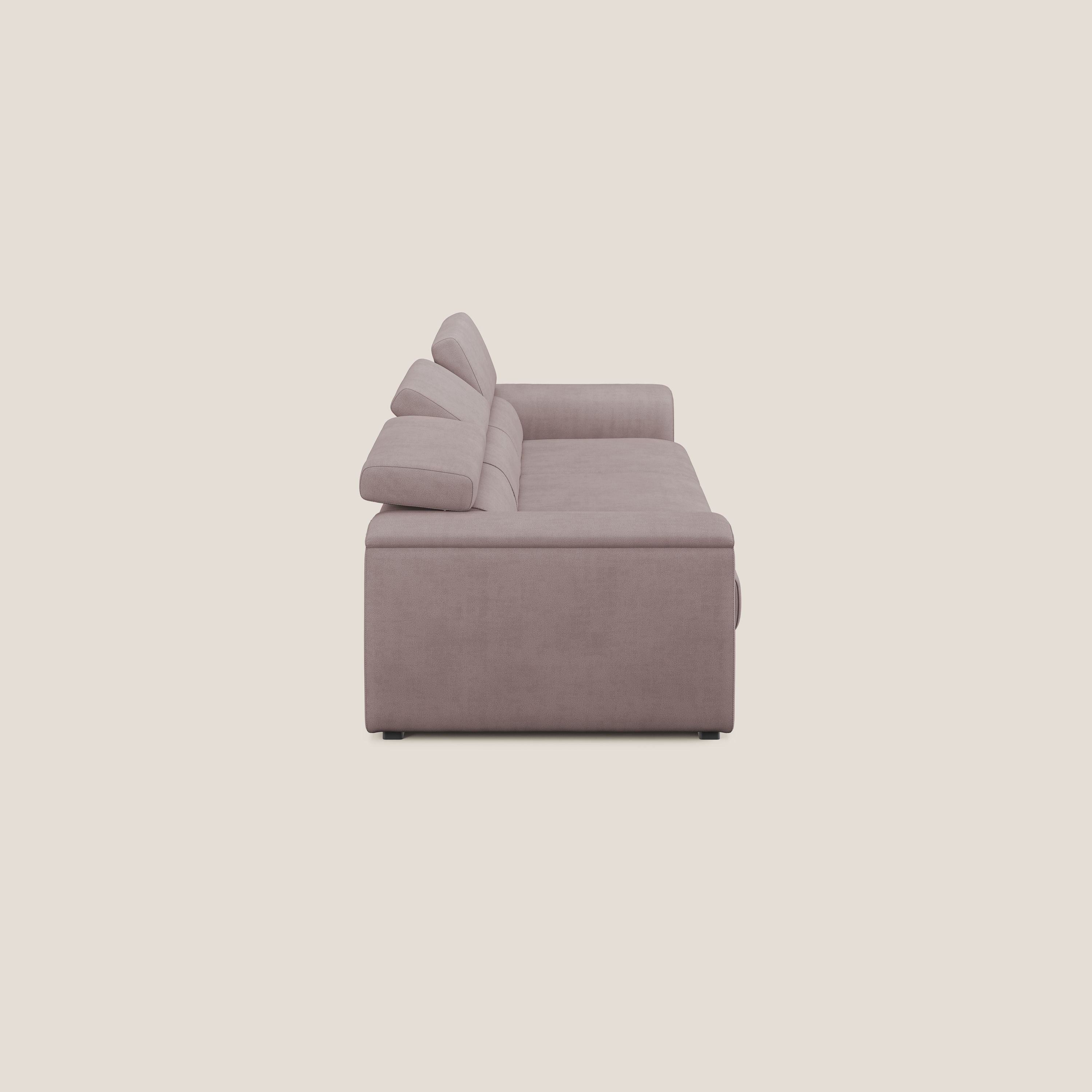 Zeno Divano con pouf estraibile poggiapiedi a 3 sedute in tessuto morbido impermeabile T02 rosa - divani.store