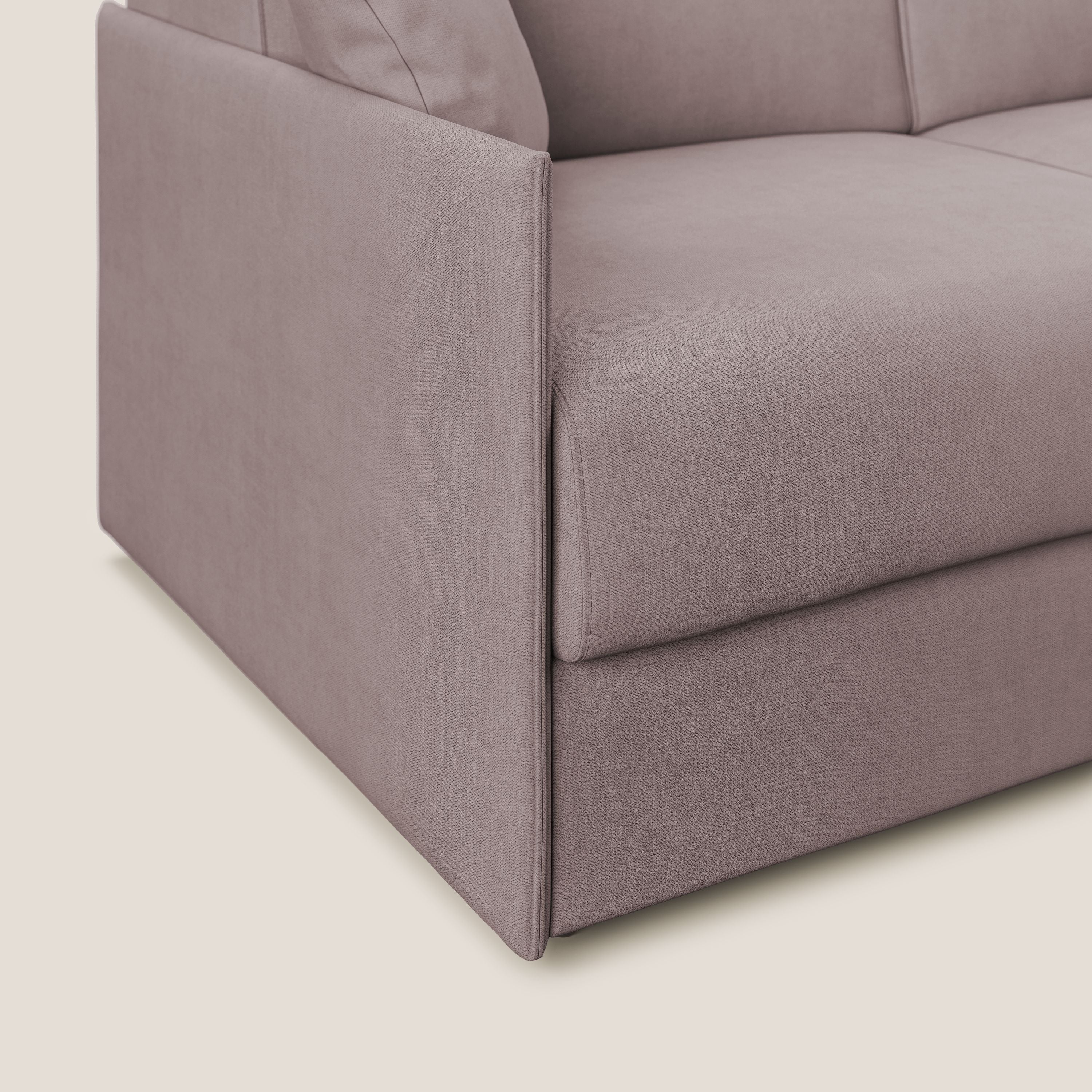 Evans Divano letto angolare con penisola in morbido tessuto impermeabile T02 rosa - divani.store