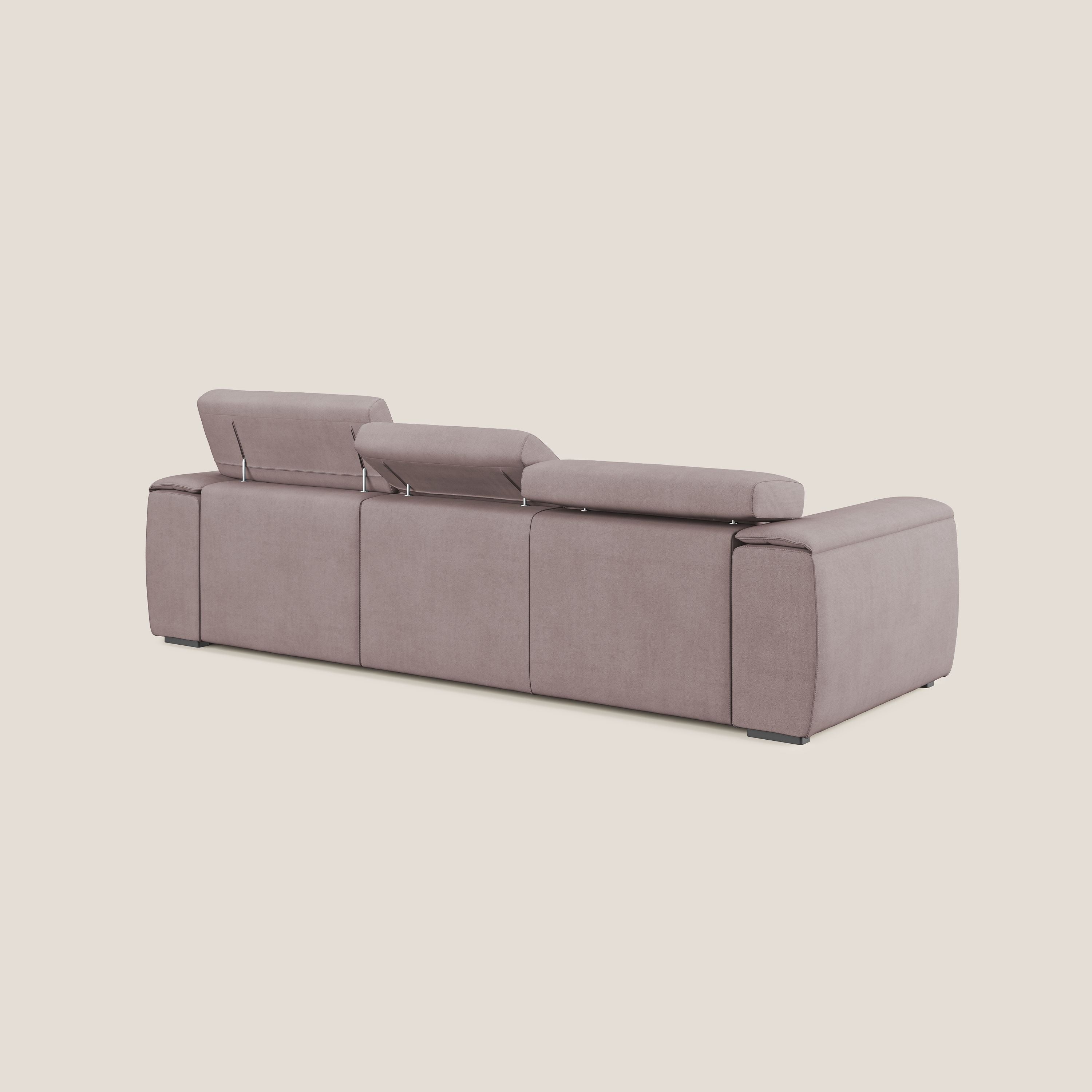 Zeno Divano con pouf estraibile poggiapiedi a 3 sedute in tessuto morbido impermeabile T02 rosa - divani.store