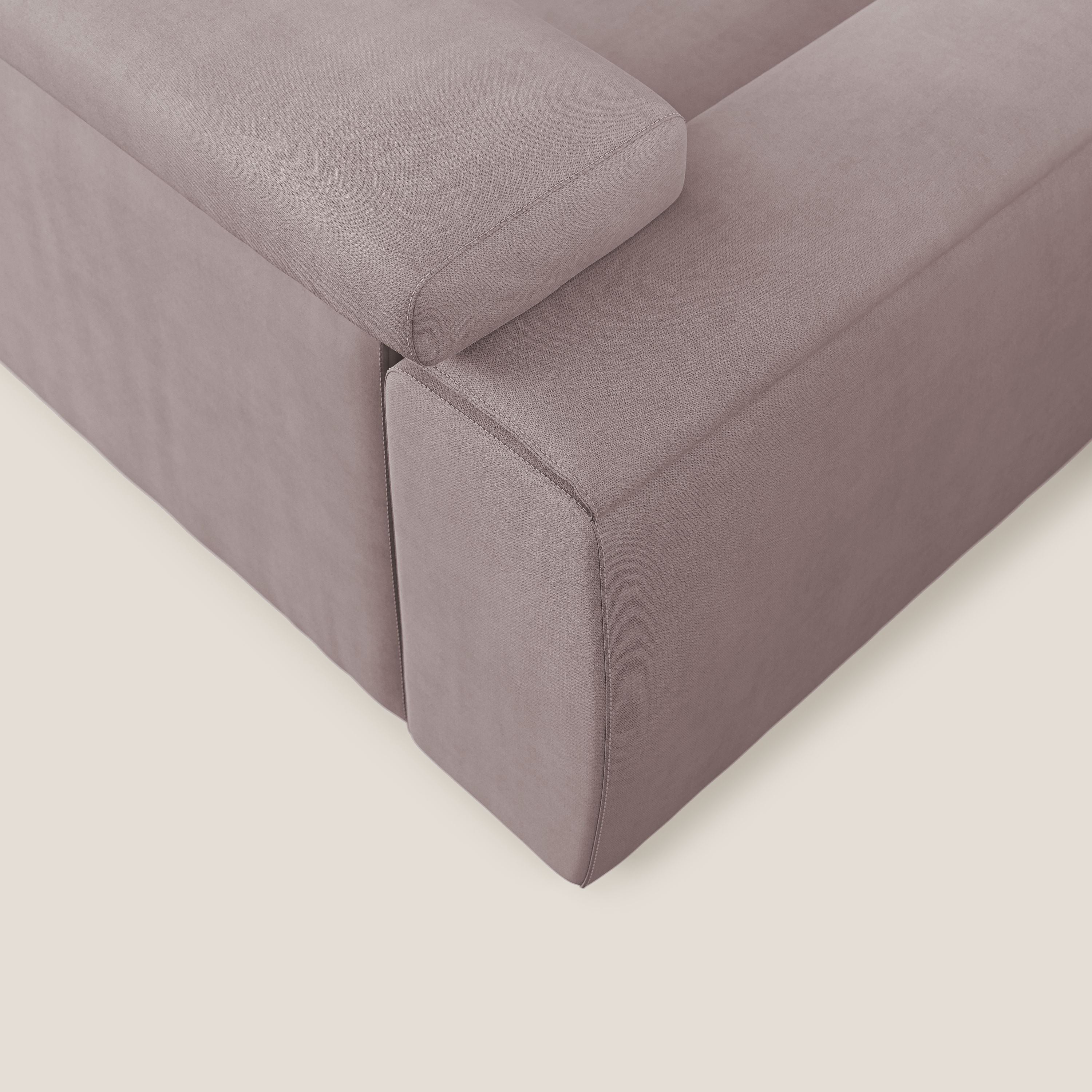 Zeno Divano angolare con pouf estraibile poggiapiedi in tessuto morbido impermeabile T02 rosa - divani.store
