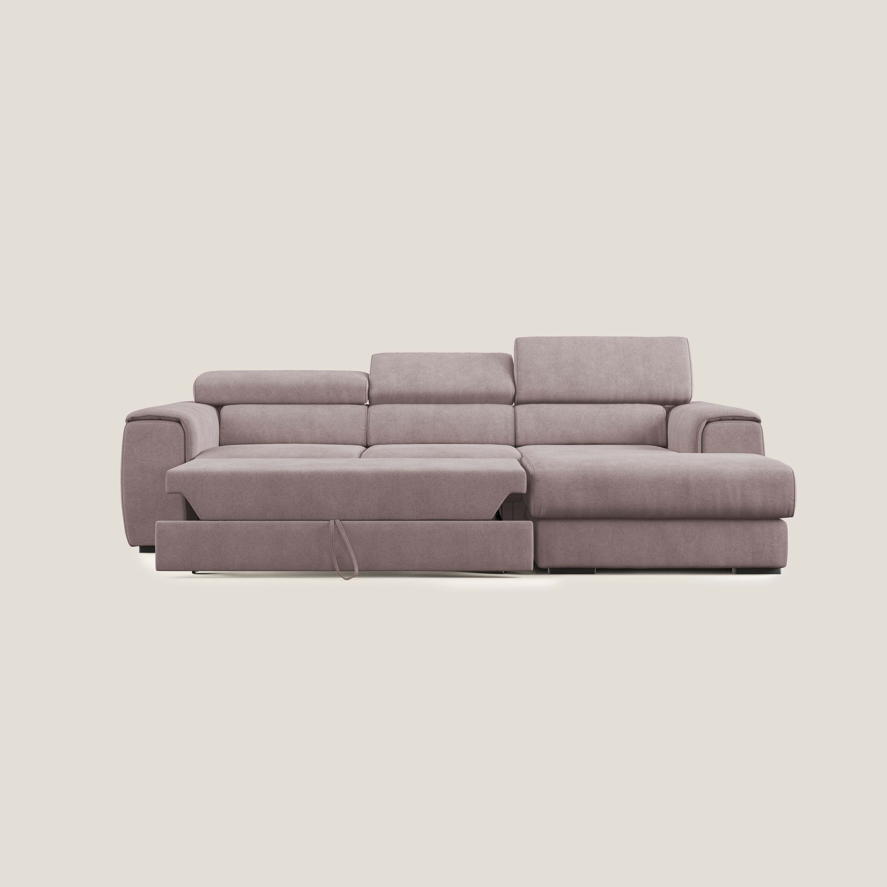 Zeno Divano angolare con pouf estraibile poggiapiedi in tessuto morbido impermeabile T02 rosa - divani.store