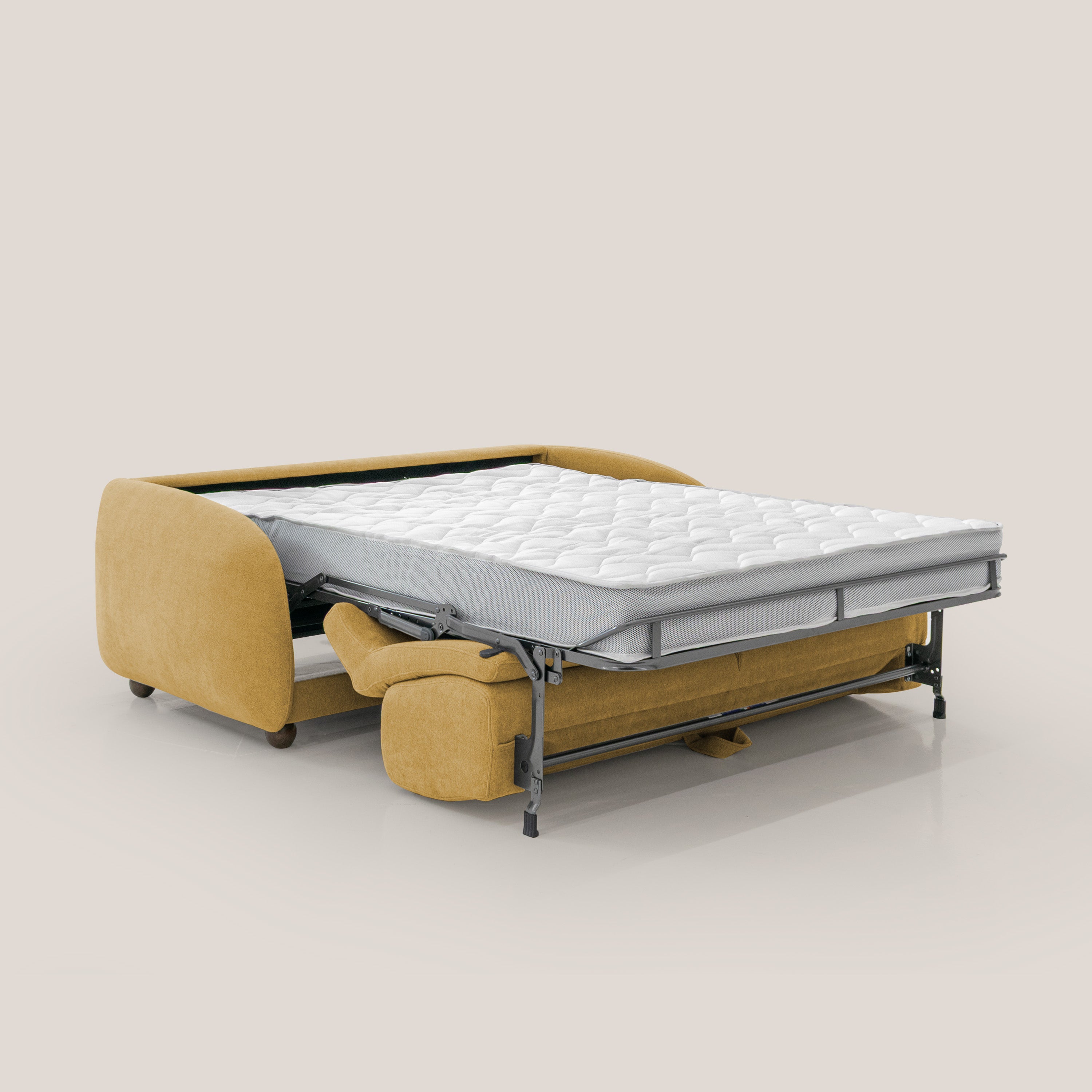 Giglio divano letto scandinavo japandi con materasso H18 cm in tessuto Bouclé impermeabile T07 giallo - divani.store