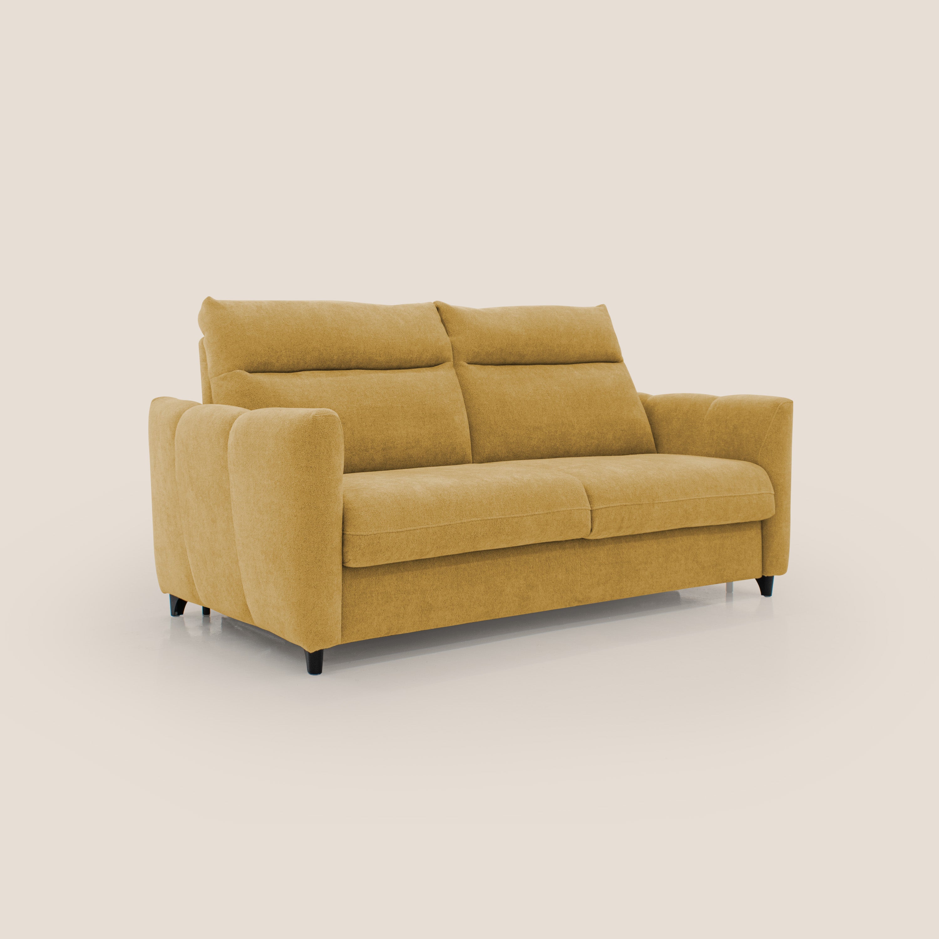 Peonia divano letto scandinavo con materasso H18 cm e morbido e alto schienale in tessuto Bouclé impermeabile T07 giallo - divani.store