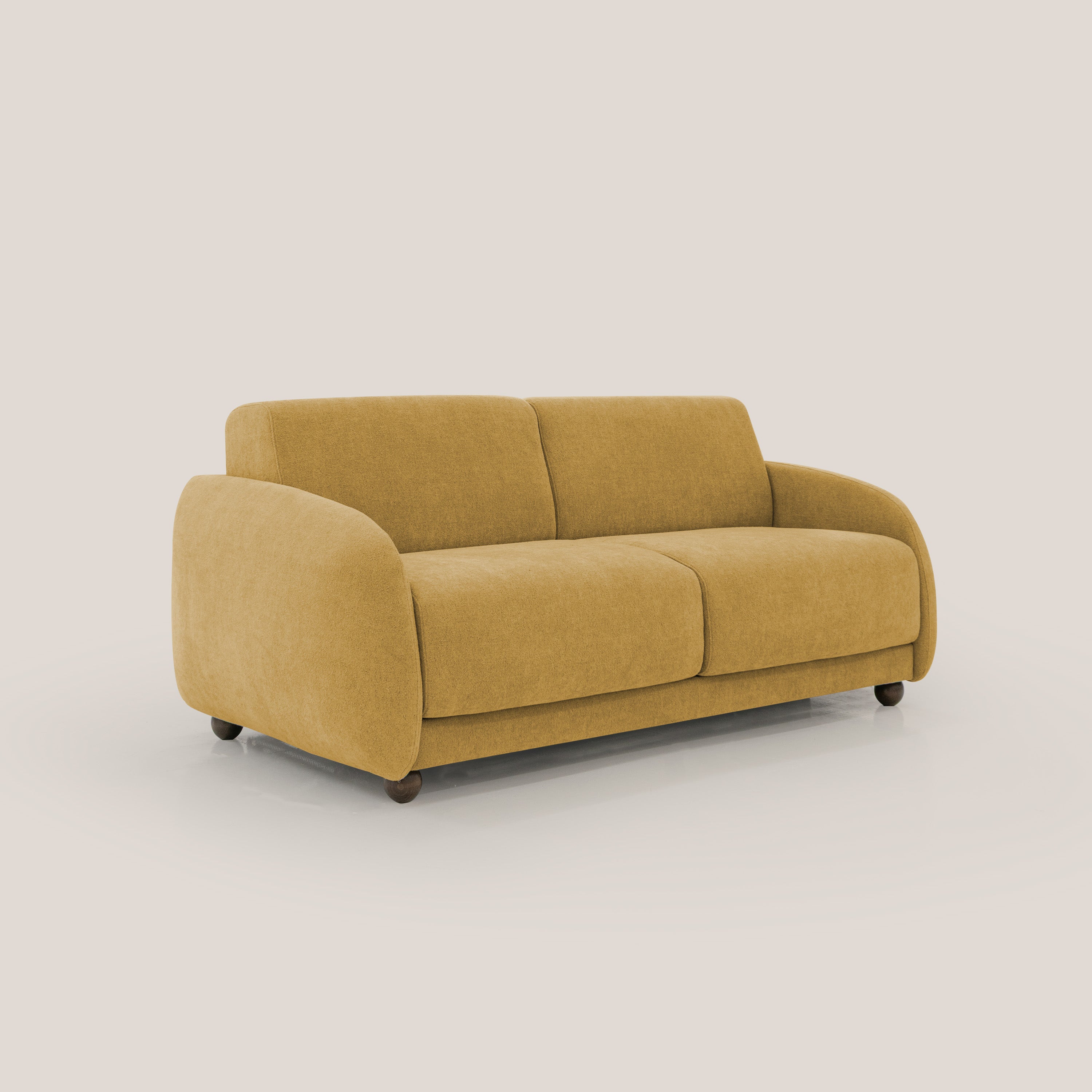 Giglio divano letto scandinavo japandi con materasso H18 cm in tessuto Bouclé impermeabile T07 giallo - divani.store