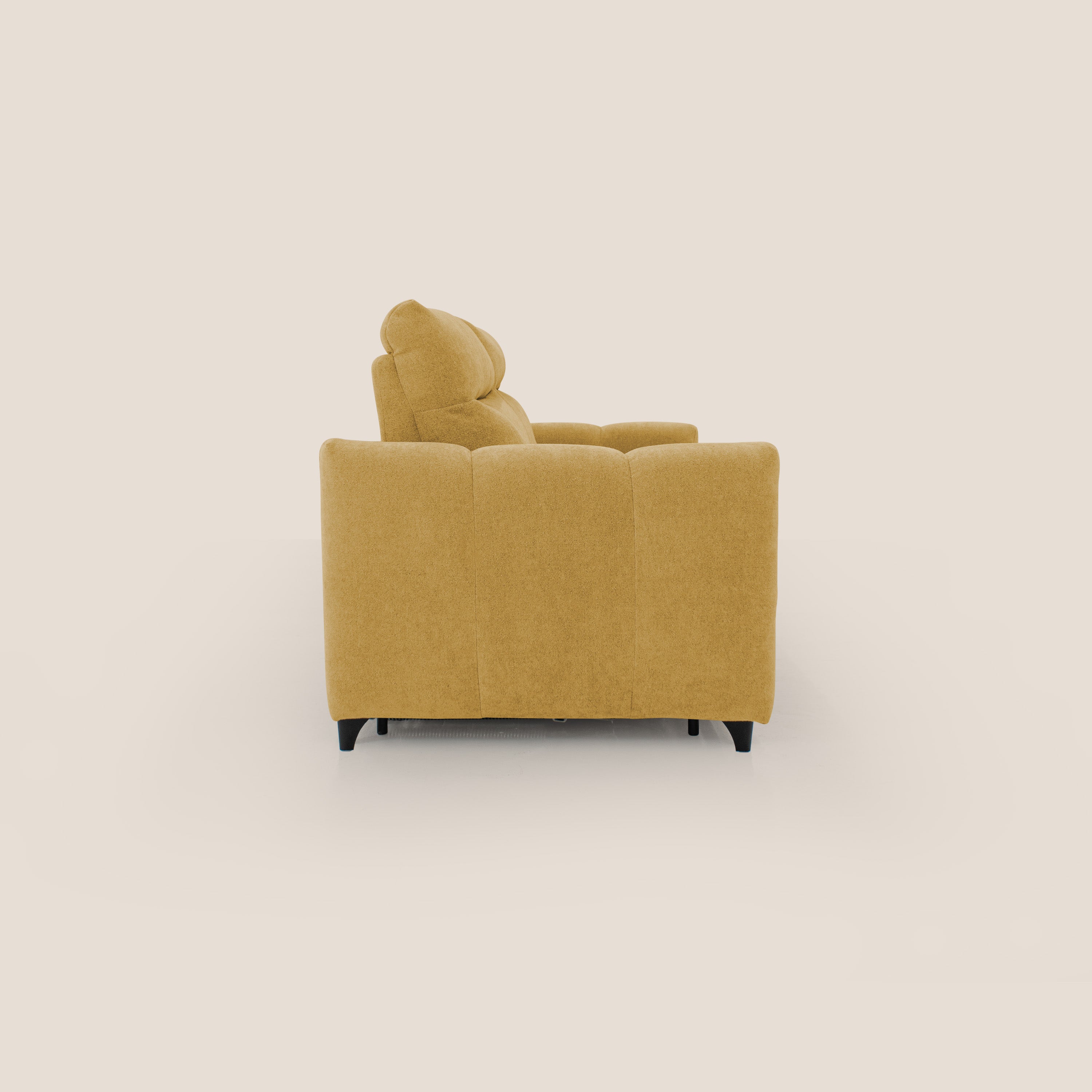 Peonia divano letto scandinavo con materasso H18 cm e morbido e alto schienale in tessuto Bouclé impermeabile T07 giallo - divani.store