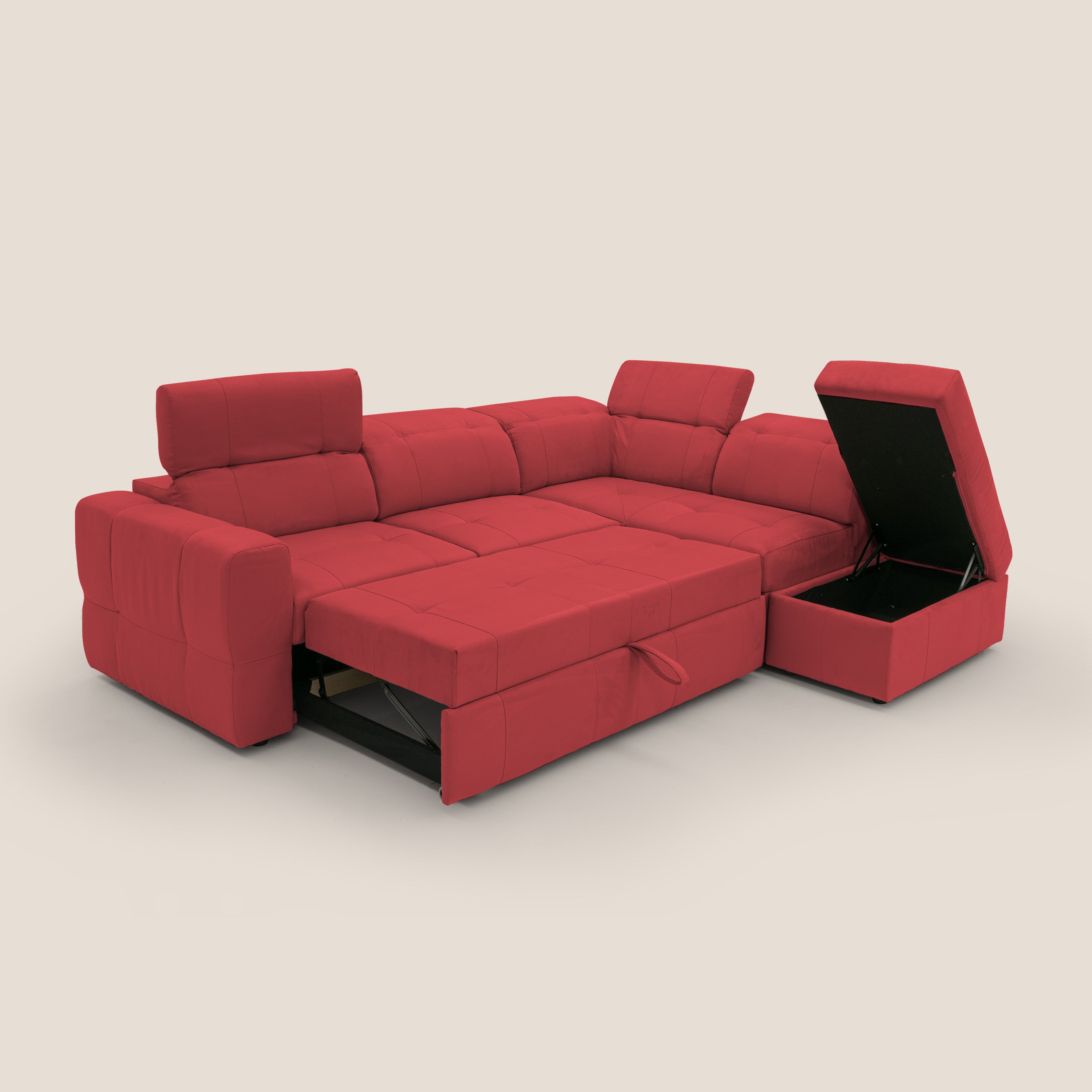 Kronos Divano angolare con poggiapiedi estraibile e pouf contenitore mobile in microfibra impermeabile T11 rosso - divani.store