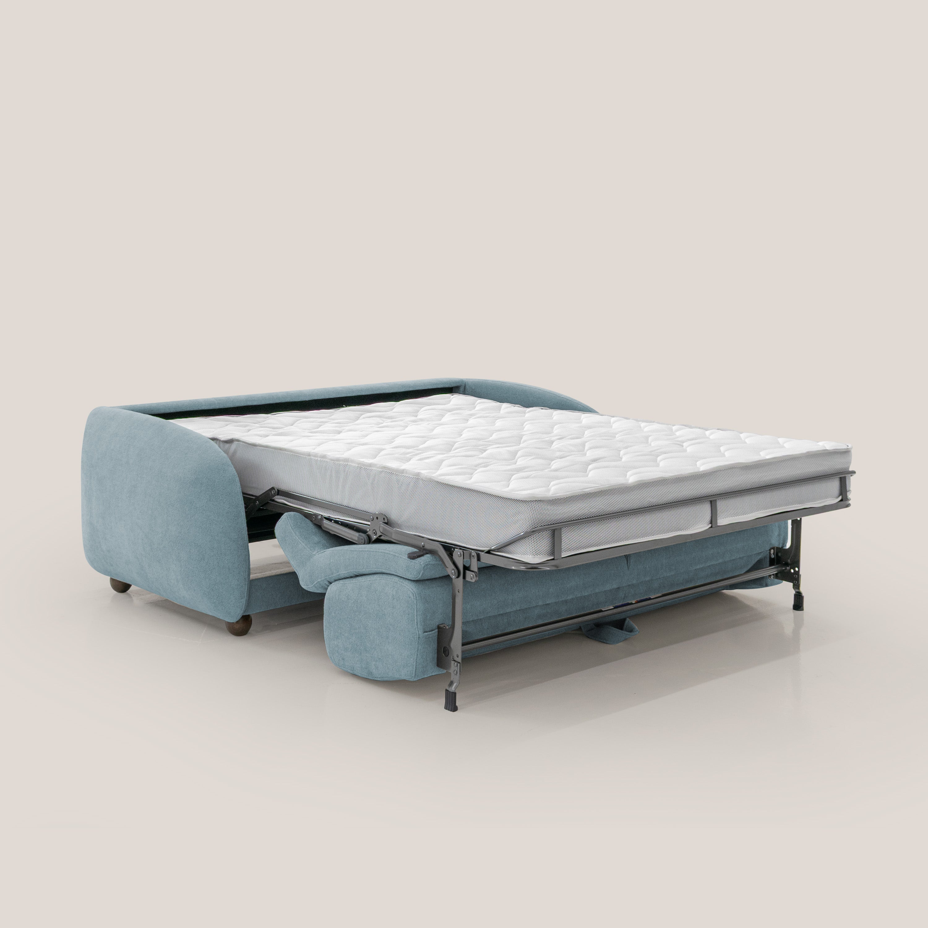 Giglio divano letto scandinavo japandi con materasso H18 cm in tessuto Bouclé impermeabile T07 carta da zucchero - divani.store