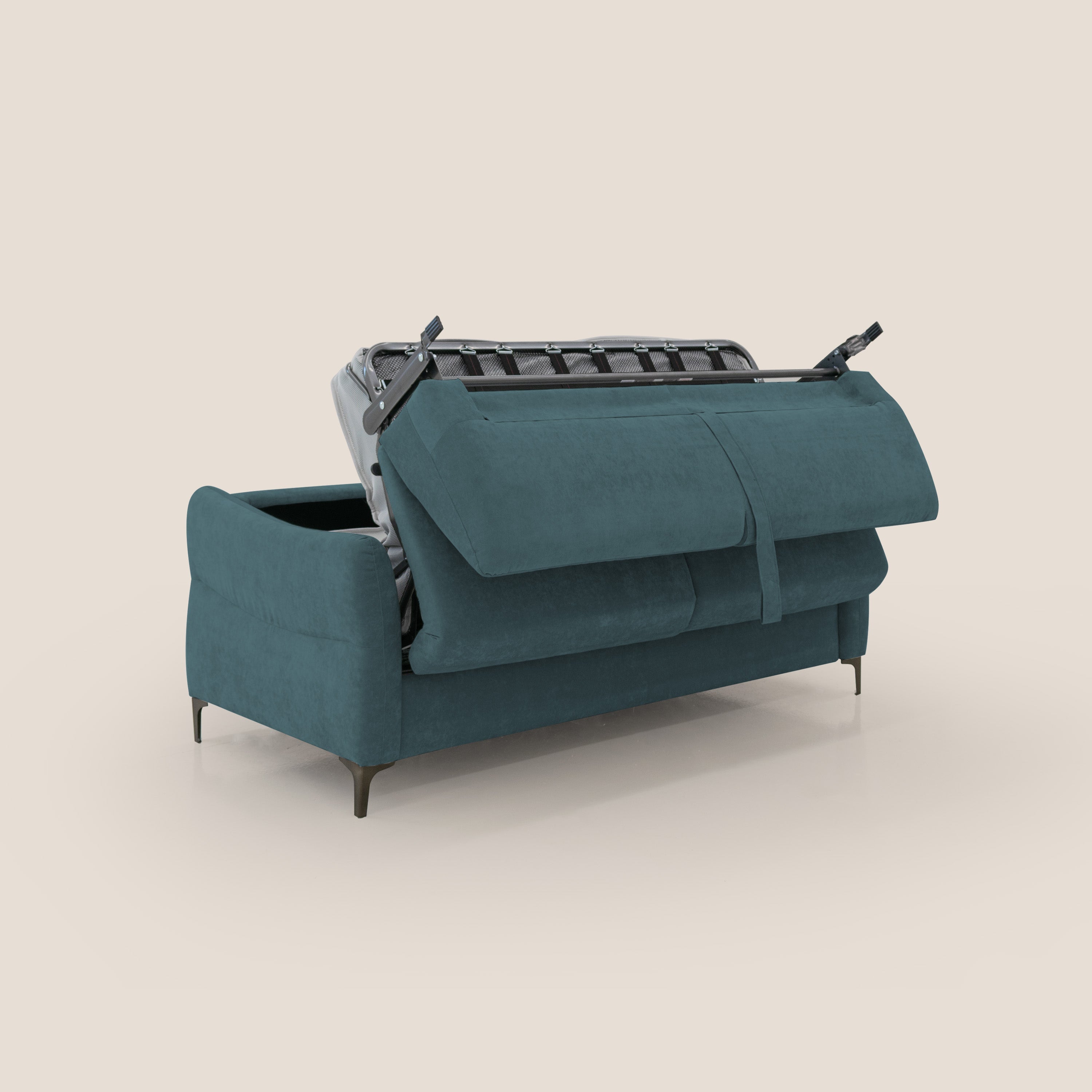 Dalia divano letto con materasso H18 cm e piedi alti in raffinato tessuto smacchiabile T17 petrolio - divani.store