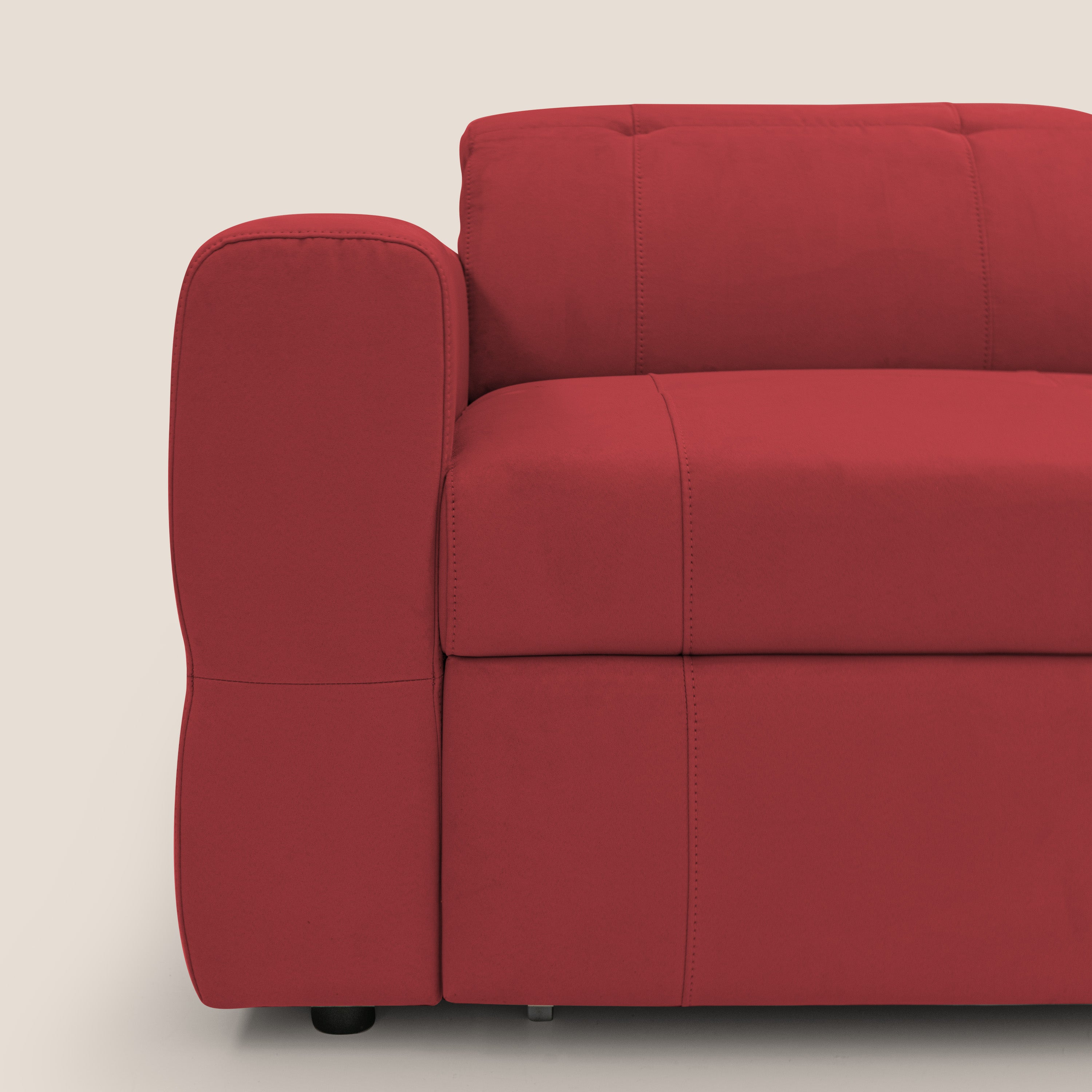 Kronos Divano angolare con pouf estraibile e penisola contenitore in microfibra impermeabile T11 rosso - divani.store