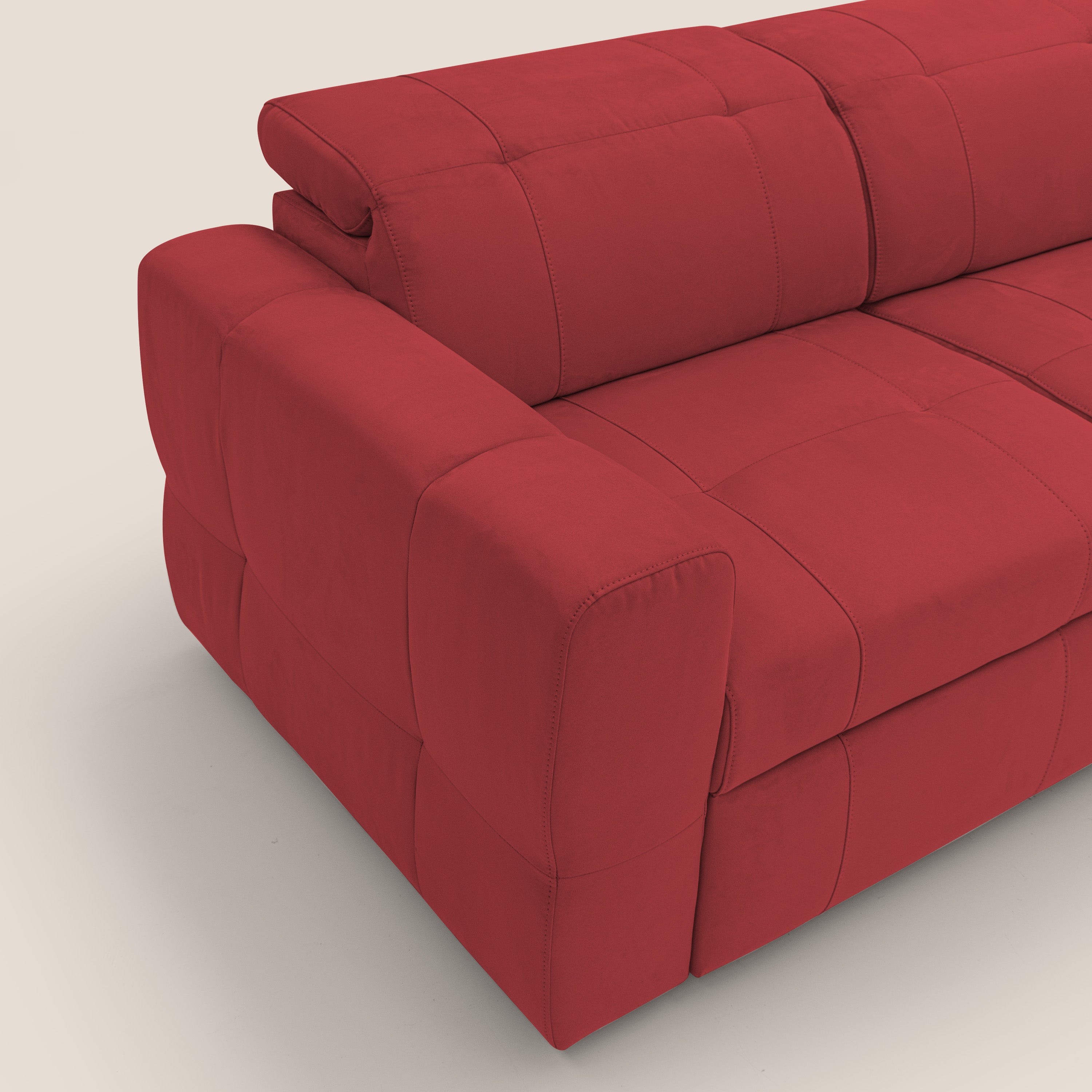 Kronos Divano angolare con pouf estraibile e penisola contenitore in microfibra impermeabile T11 rosso - divani.store