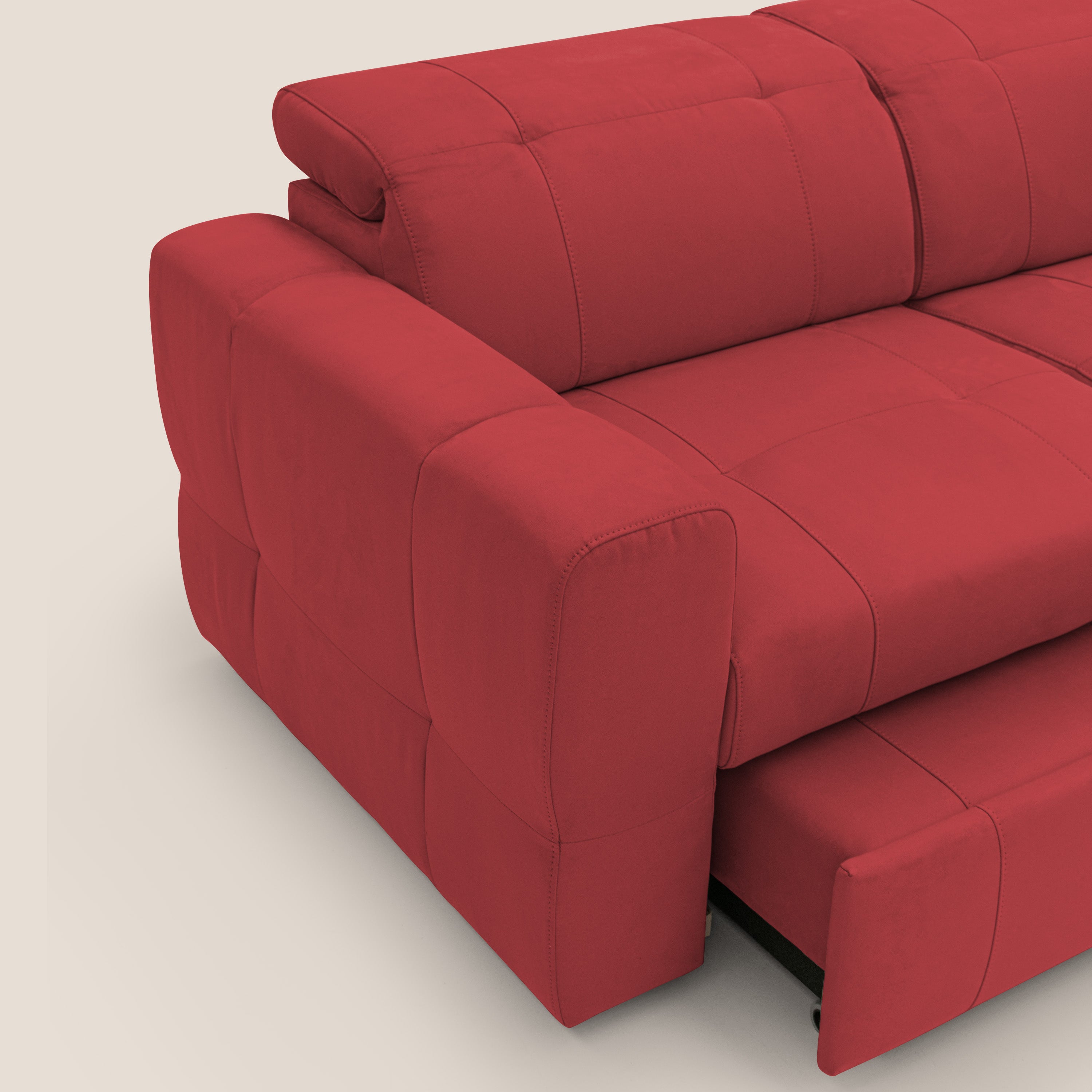 Kronos Divano angolare con pouf estraibile e penisola contenitore in microfibra impermeabile T11 rosso - divani.store