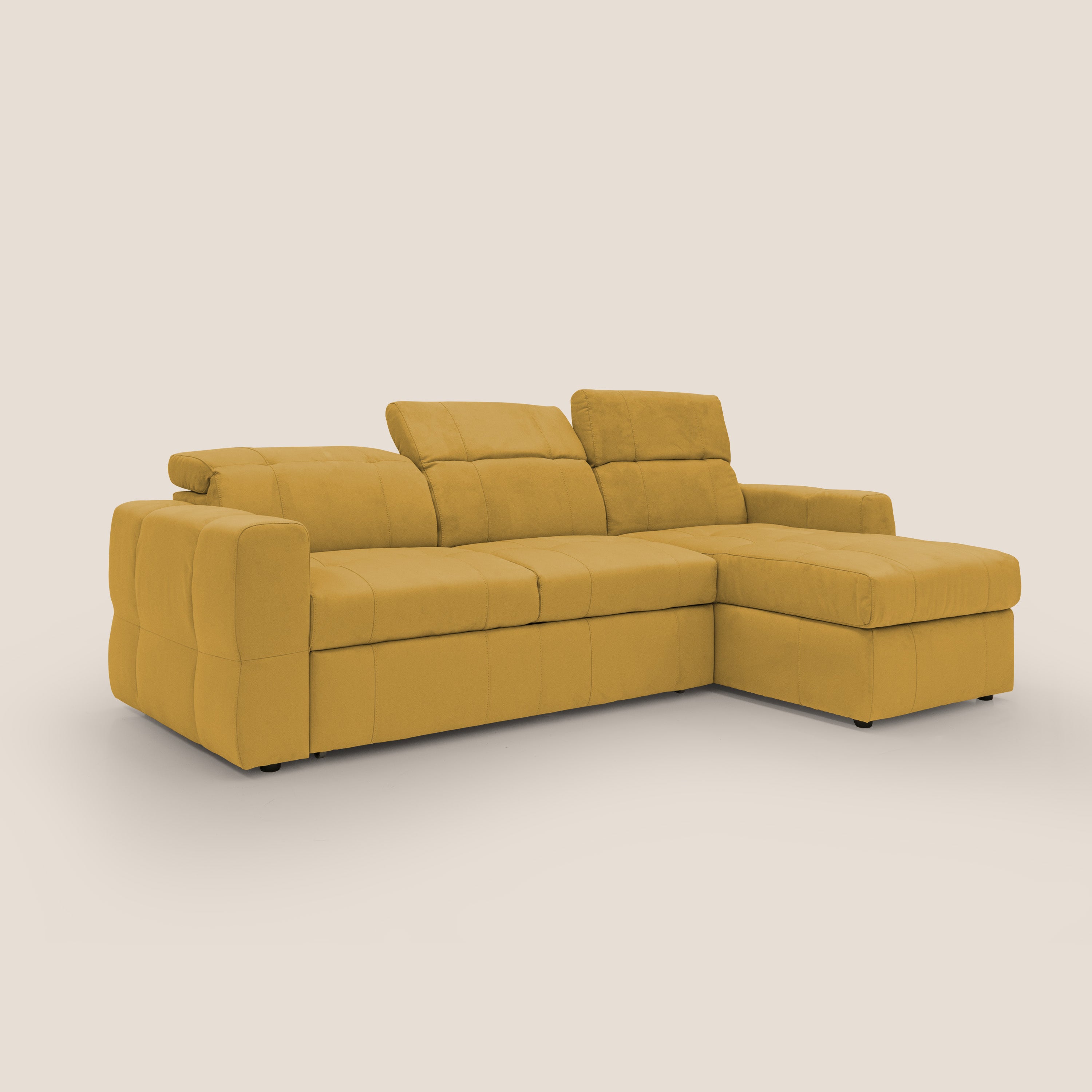 Kronos Divano angolare con pouf estraibile e penisola contenitore in microfibra impermeabile T11 giallo - divani.store