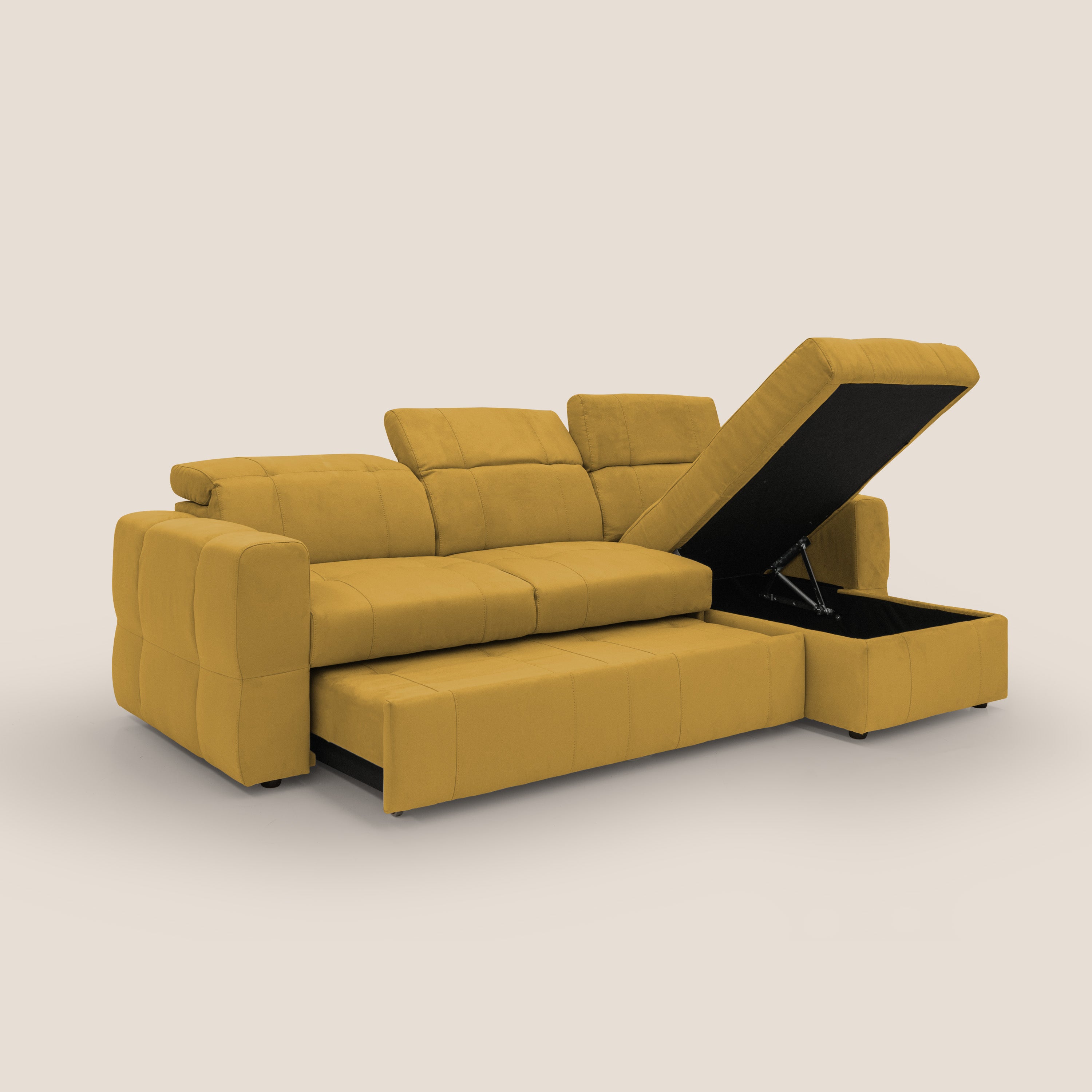 Kronos Divano angolare con pouf estraibile e penisola contenitore in microfibra impermeabile T11 giallo - divani.store