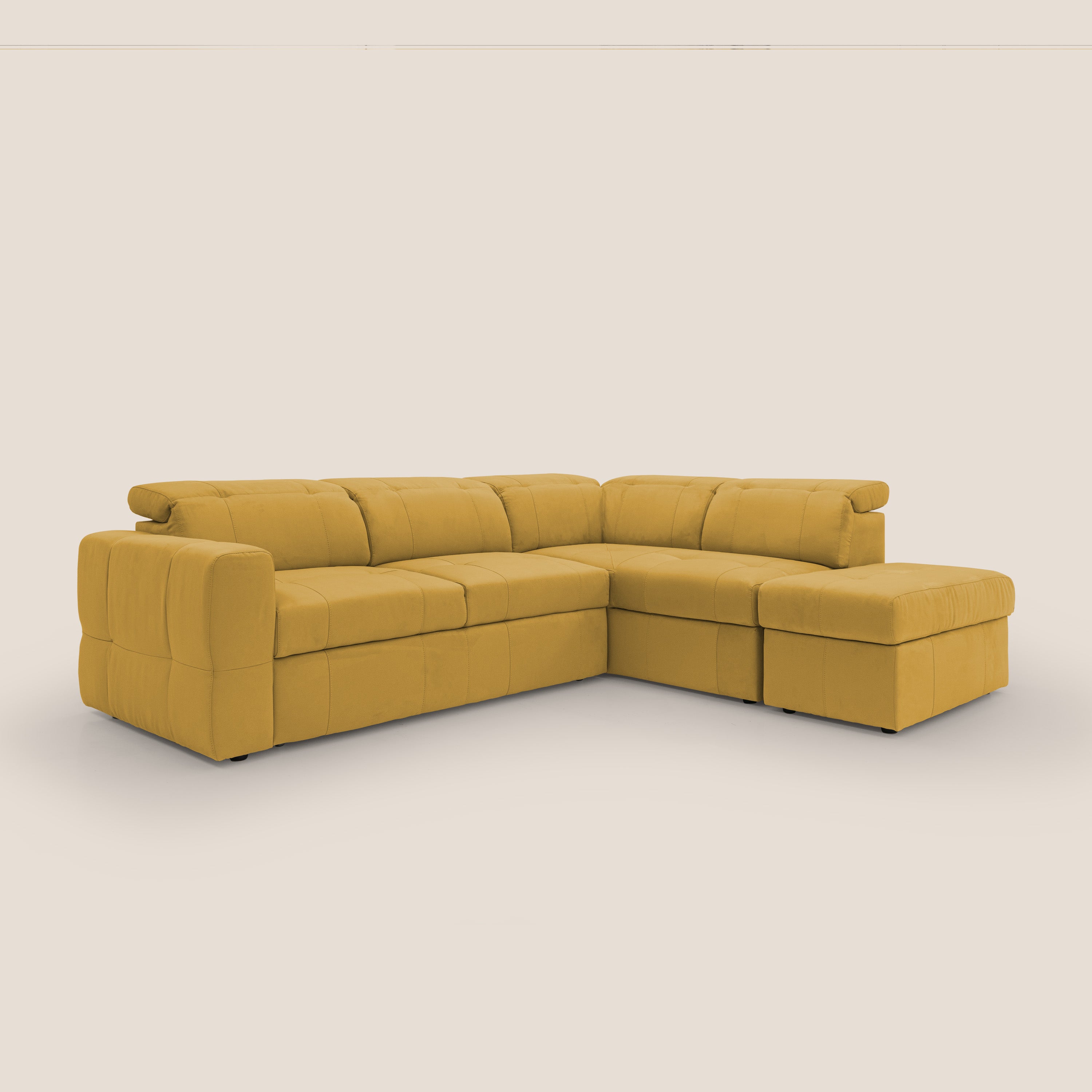 Kronos Divano angolare con poggiapiedi estraibile e pouf contenitore mobile in microfibra impermeabile T11 giallo - divani.store