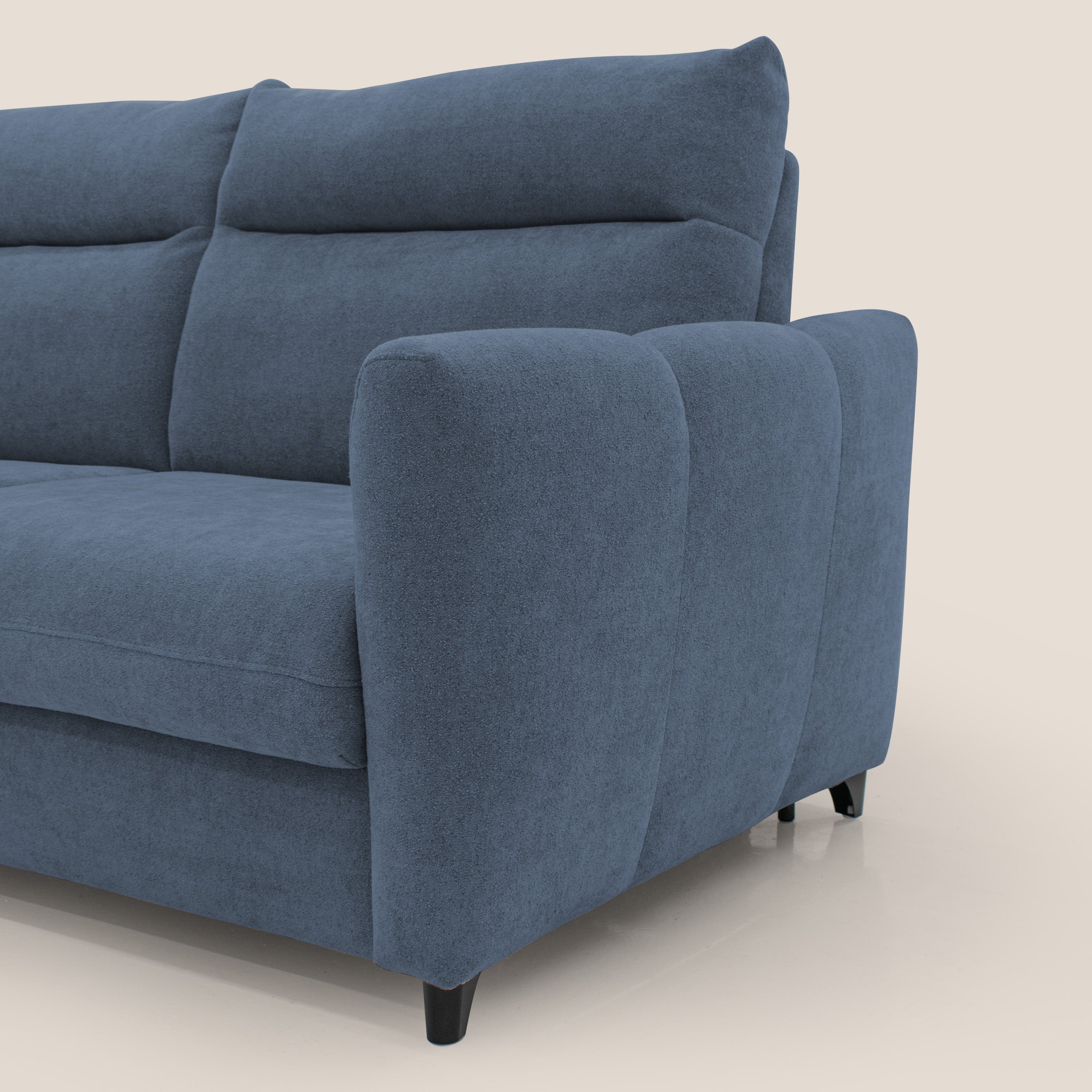Peonia divano letto scandinavo con materasso H18 cm e morbido e alto schienale in tessuto Bouclé impermeabile T07 blu - divani.store