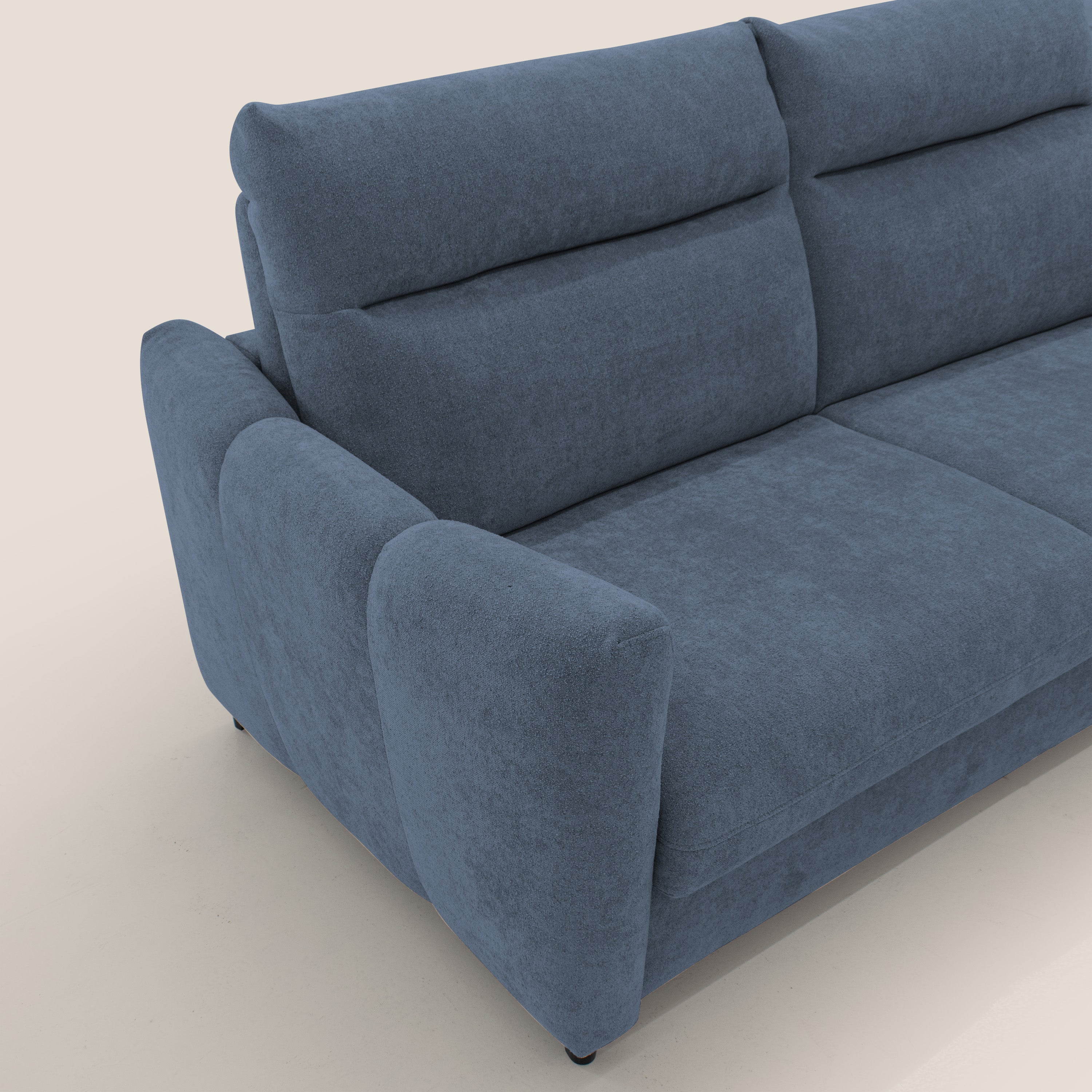 Peonia divano letto scandinavo con materasso H18 cm e morbido e alto schienale in tessuto Bouclé impermeabile T07 blu - divani.store
