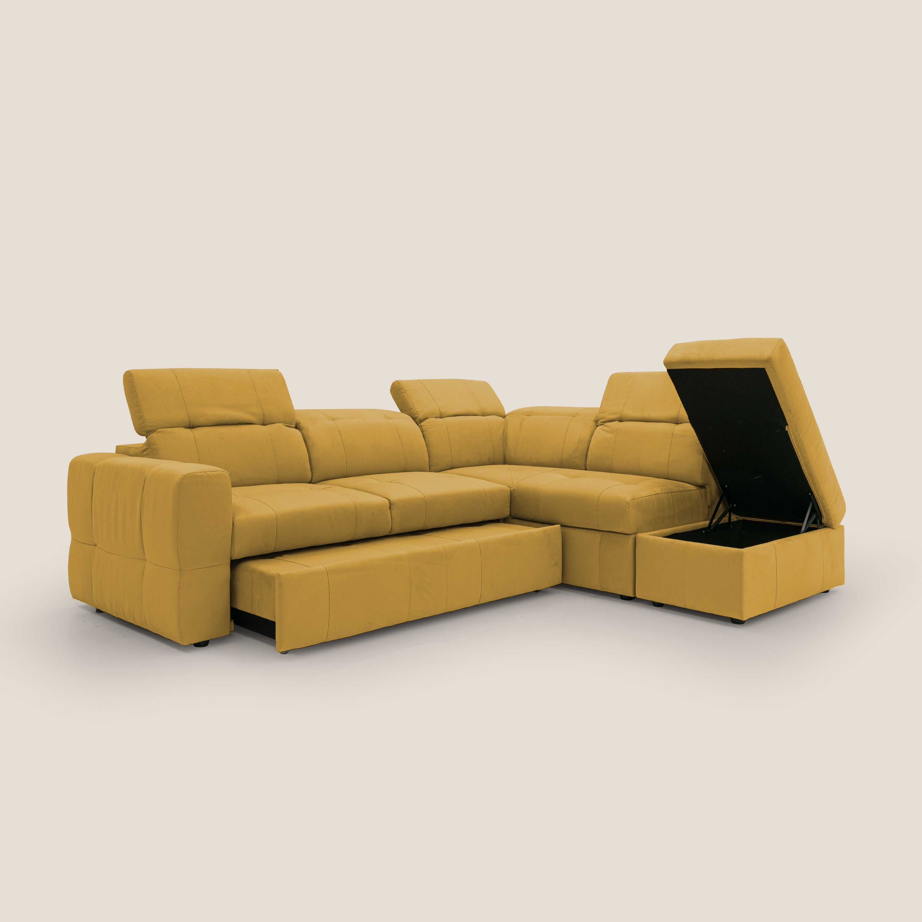 Kronos Divano angolare con poggiapiedi estraibile e pouf contenitore mobile in microfibra impermeabile T11 giallo - divani.store