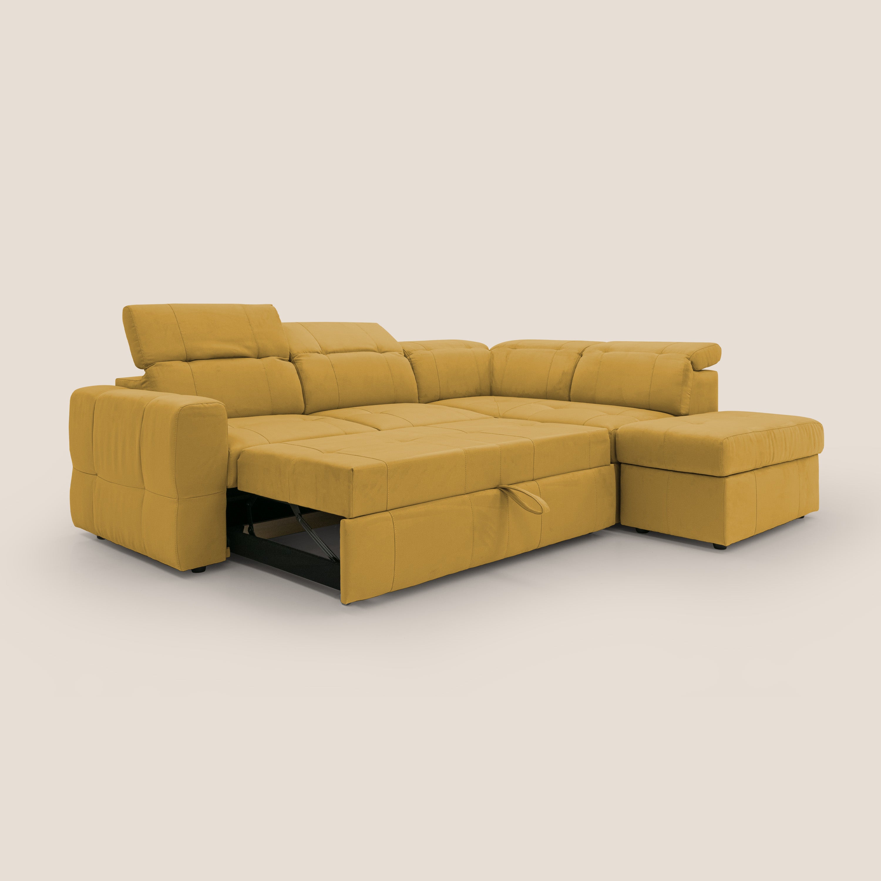 Kronos Divano angolare con poggiapiedi estraibile e pouf contenitore mobile in microfibra impermeabile T11 giallo - divani.store