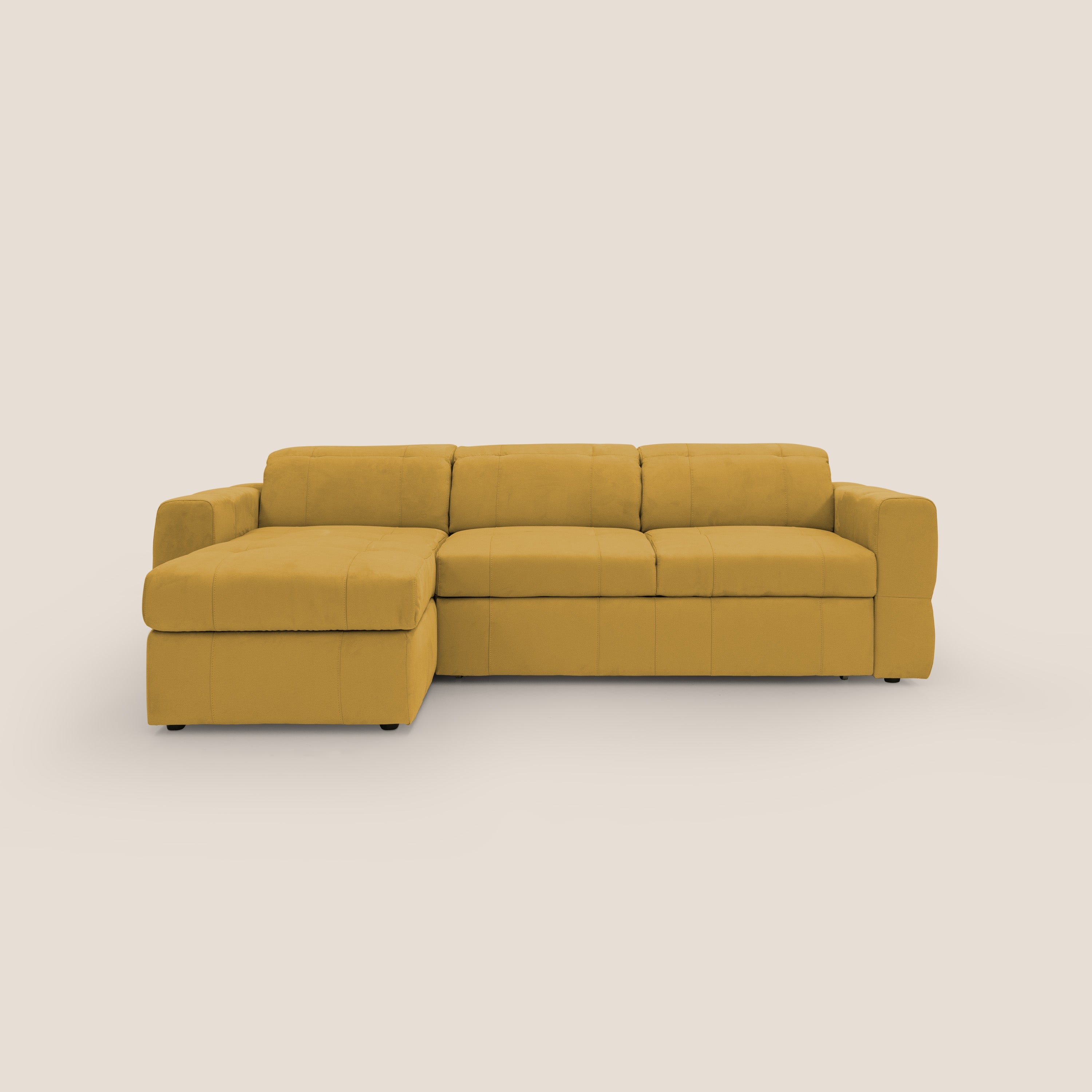 Kronos Divano angolare con pouf estraibile e penisola contenitore in microfibra impermeabile T11 giallo - divani.store