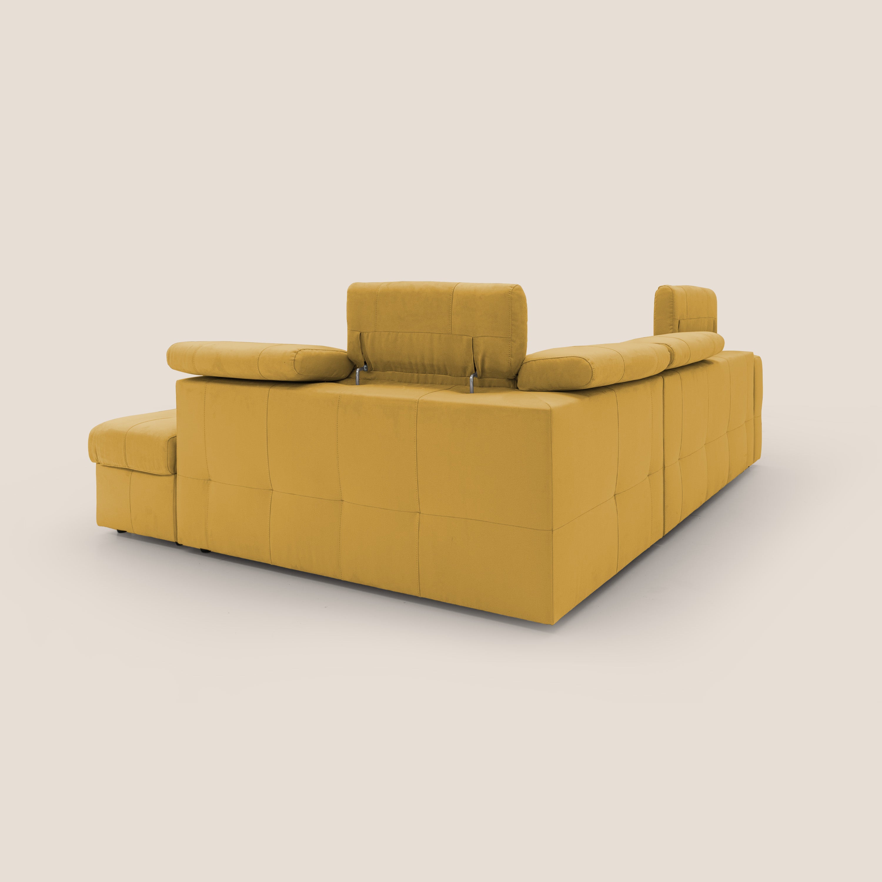 Kronos Divano angolare con poggiapiedi estraibile e pouf contenitore mobile in microfibra impermeabile T11 giallo - divani.store