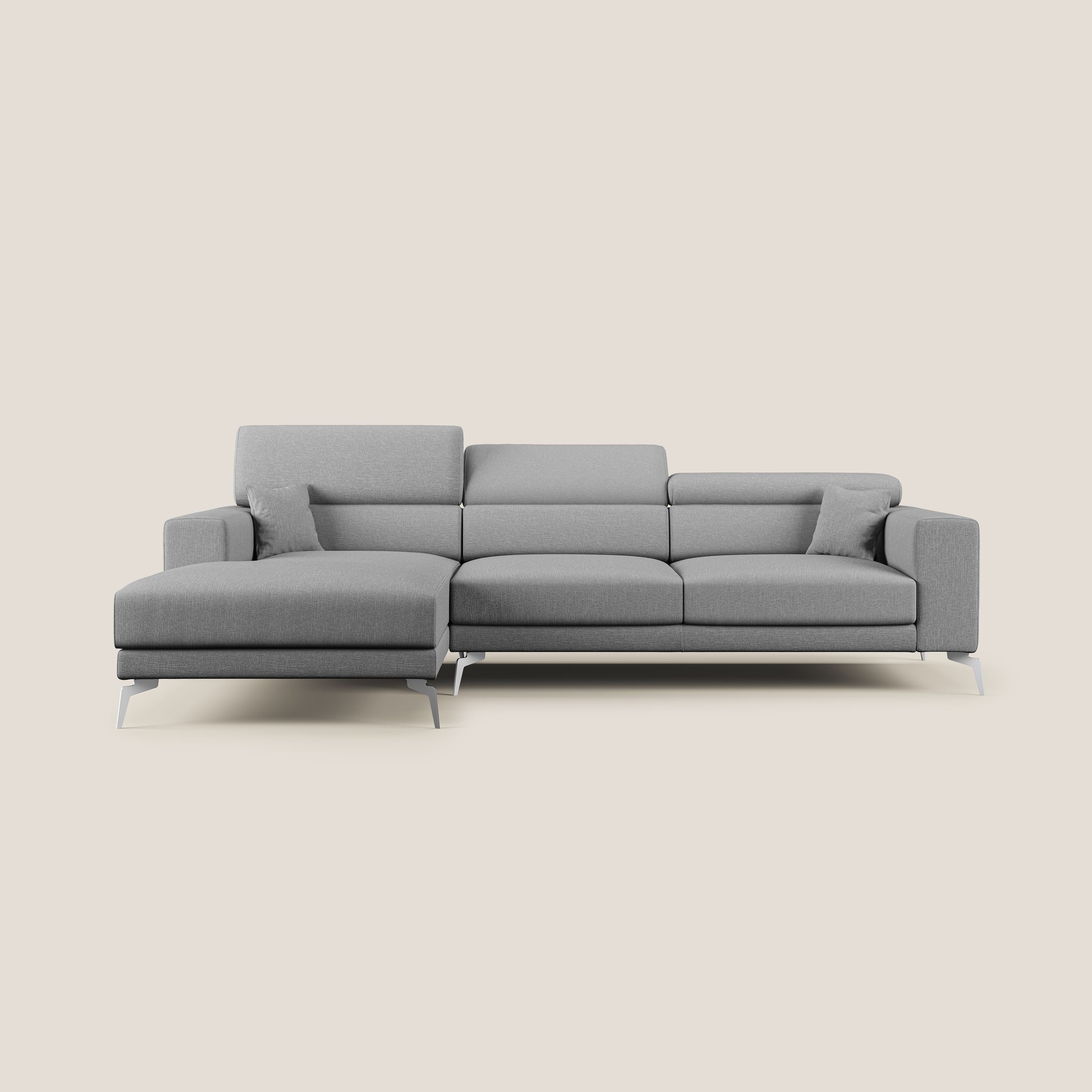 Blade Divano moderno angolare con poggiatesta reclinabili in tessuto impermeabile simil-cotone T13 grigio - divani.store