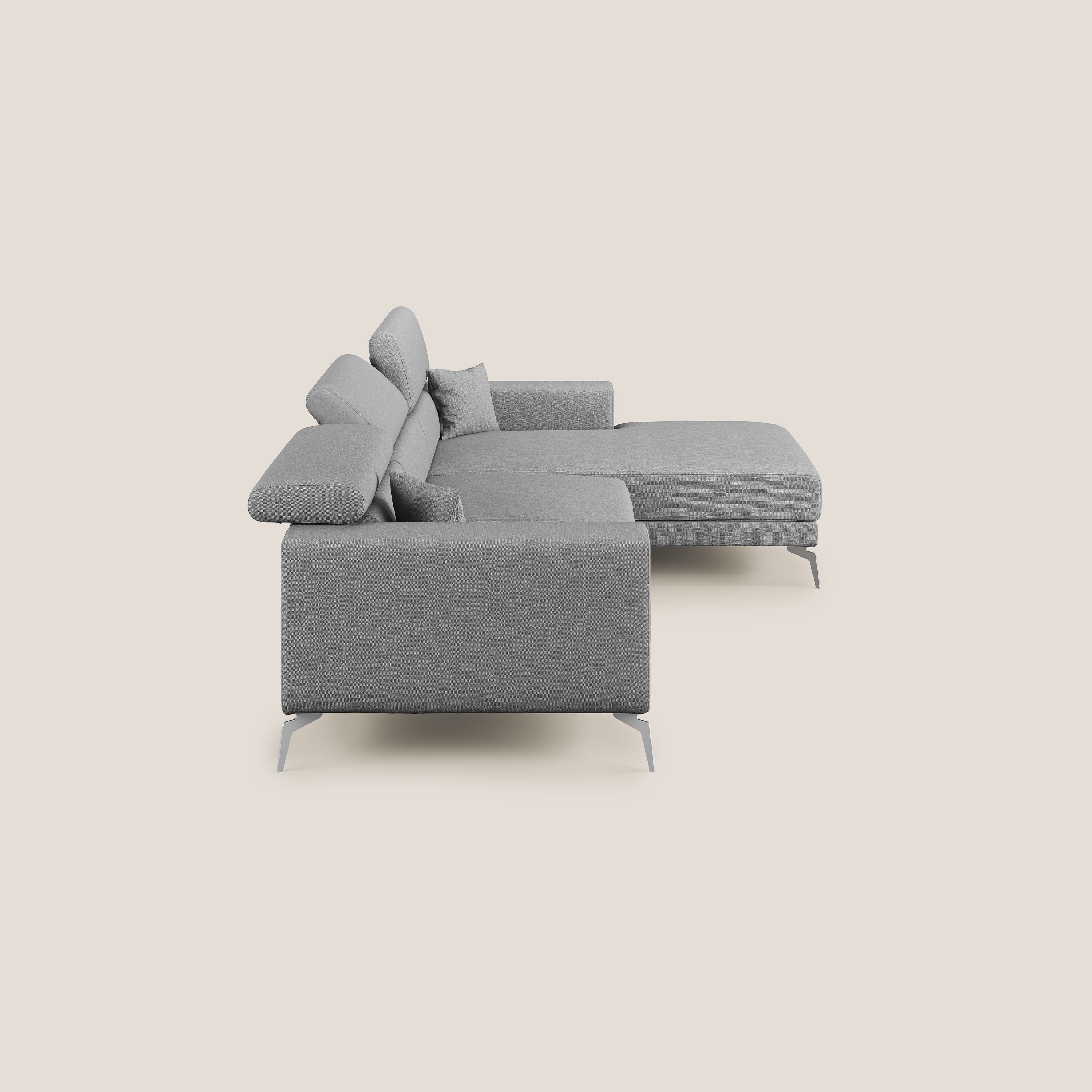 Blade Divano moderno angolare con poggiatesta reclinabili in tessuto impermeabile simil-cotone T13 grigio - divani.store