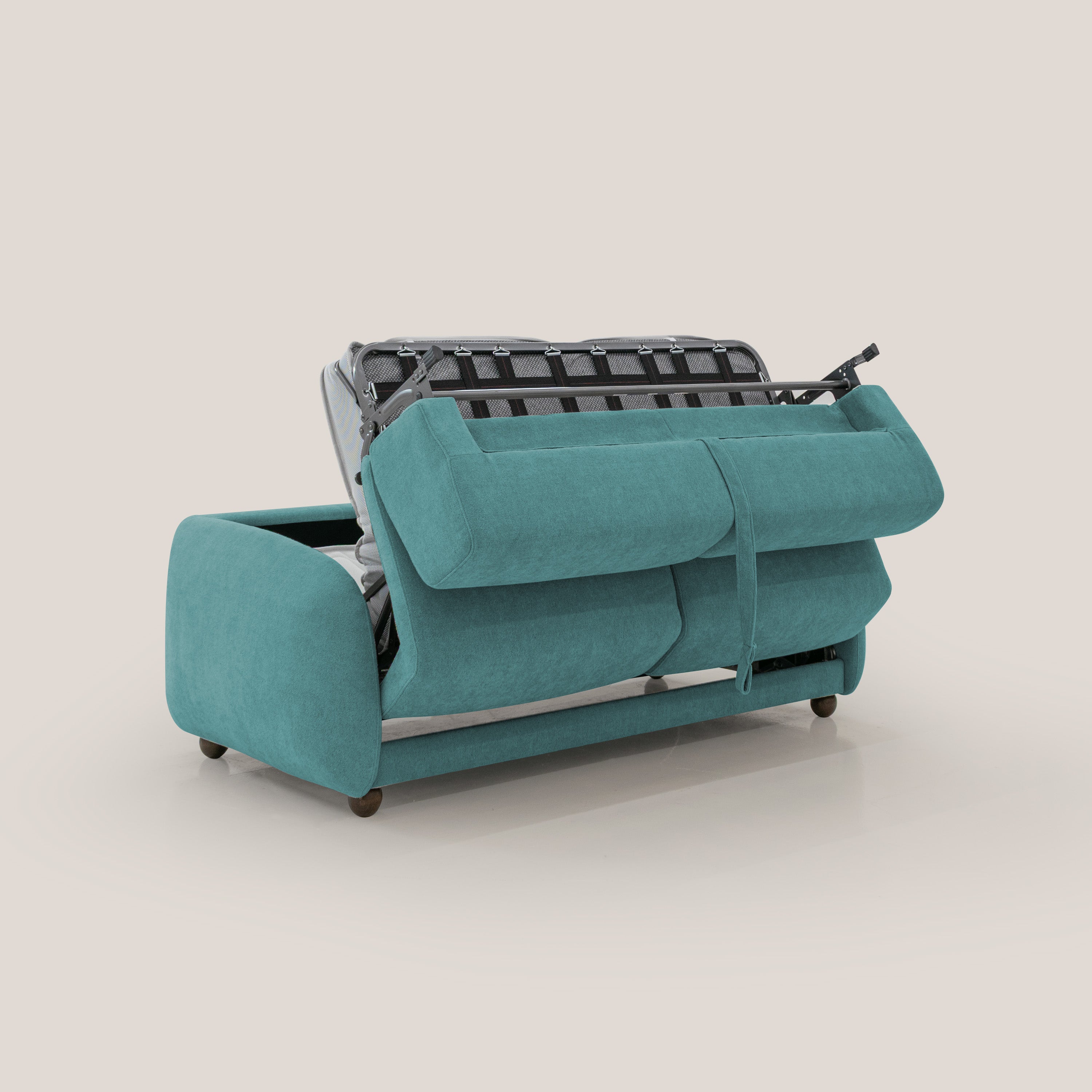 Giglio divano letto scandinavo japandi con materasso H18 cm in tessuto Bouclé impermeabile T07 azzurro - divani.store