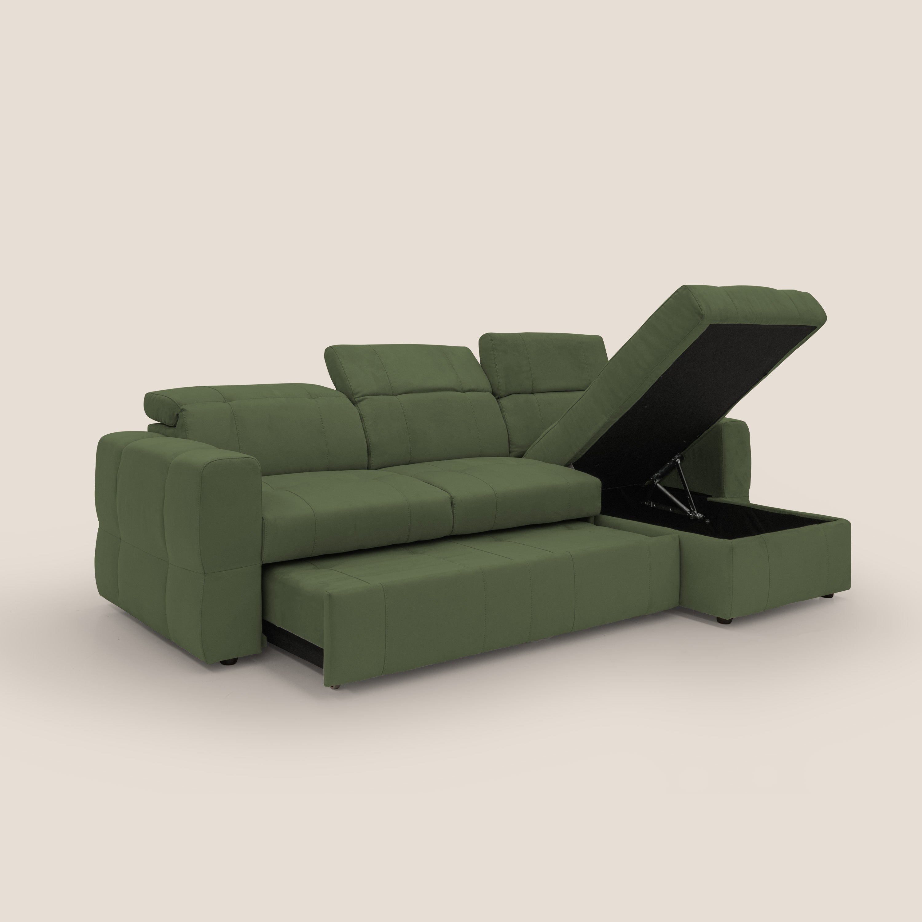 Kronos Divano angolare con pouf estraibile e penisola contenitore in microfibra impermeabile T11 verde - divani.store