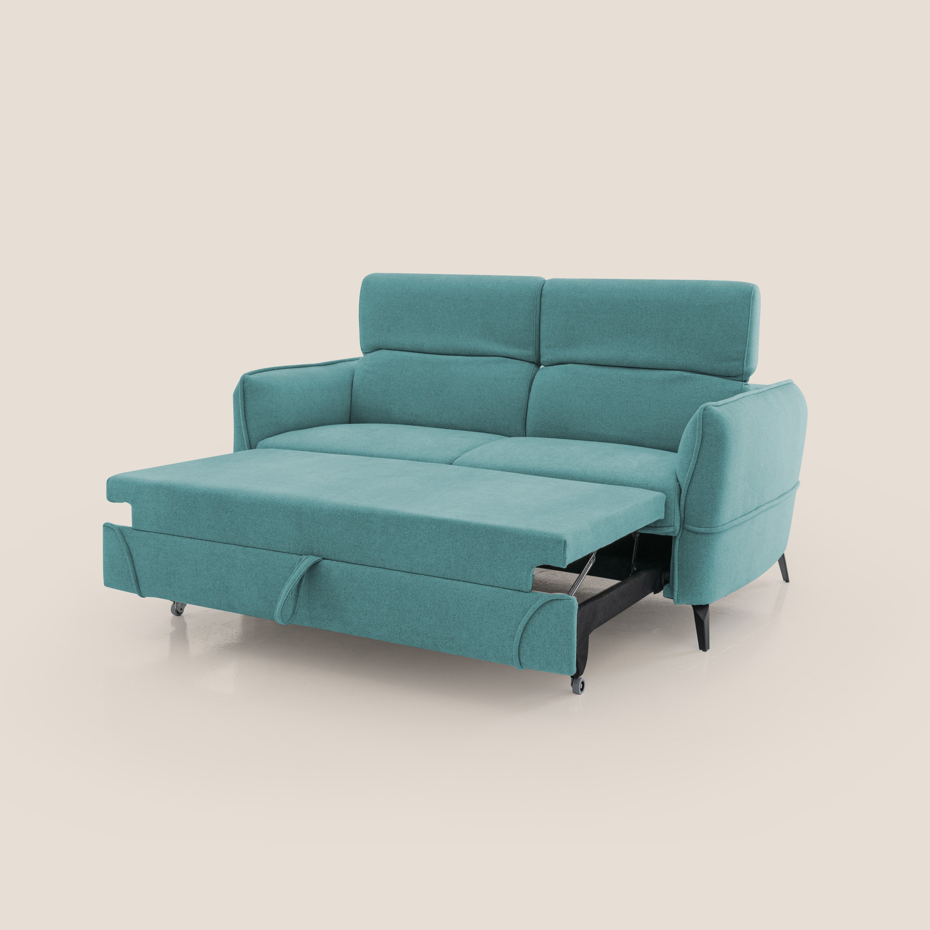 Bloom Divano con poggiapiedi estraibile piedini alti e poggiatesta reclinabili in tessuto bouclé impermeabile T07 azzurro - divani.store