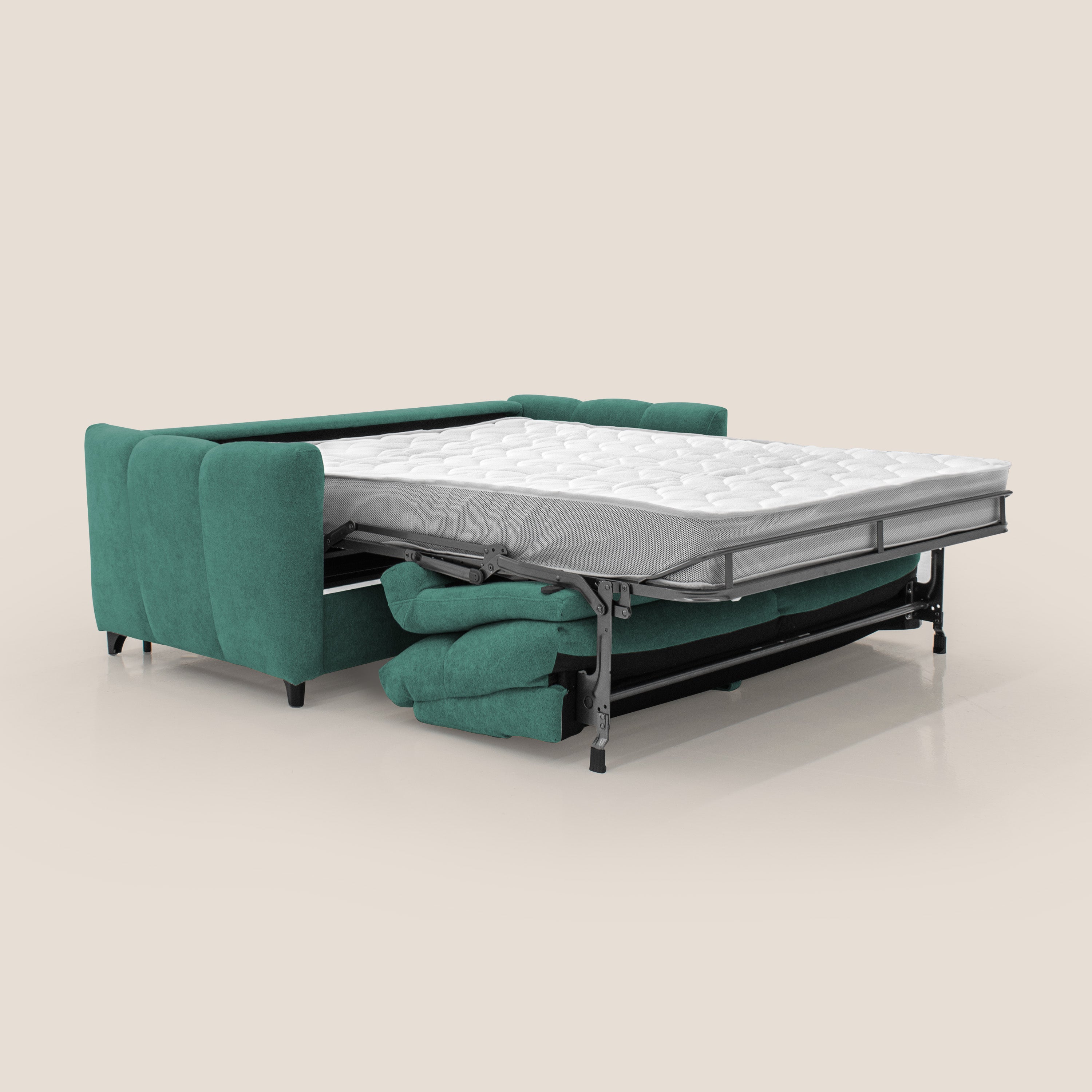 Peonia divano letto scandinavo con materasso H18 cm e morbido e alto schienale in tessuto Bouclé impermeabile T07 verde - divani.store