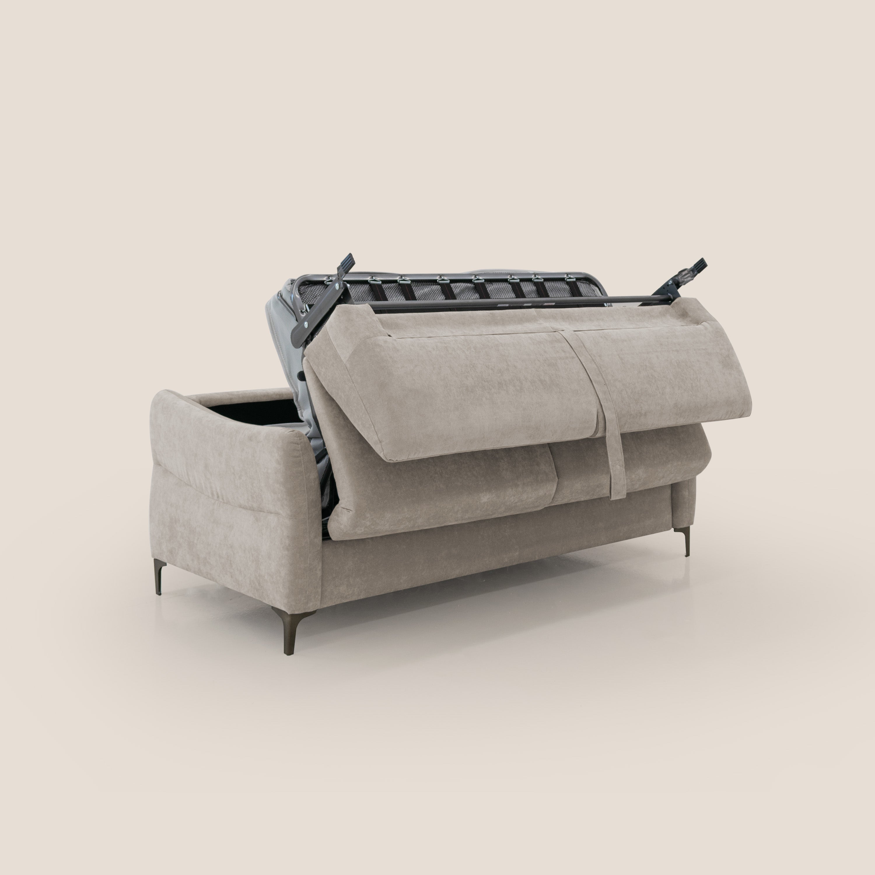 Dalia divano letto con materasso H18 cm e piedi alti in raffinato tessuto smacchiabile T17 beige - divani.store