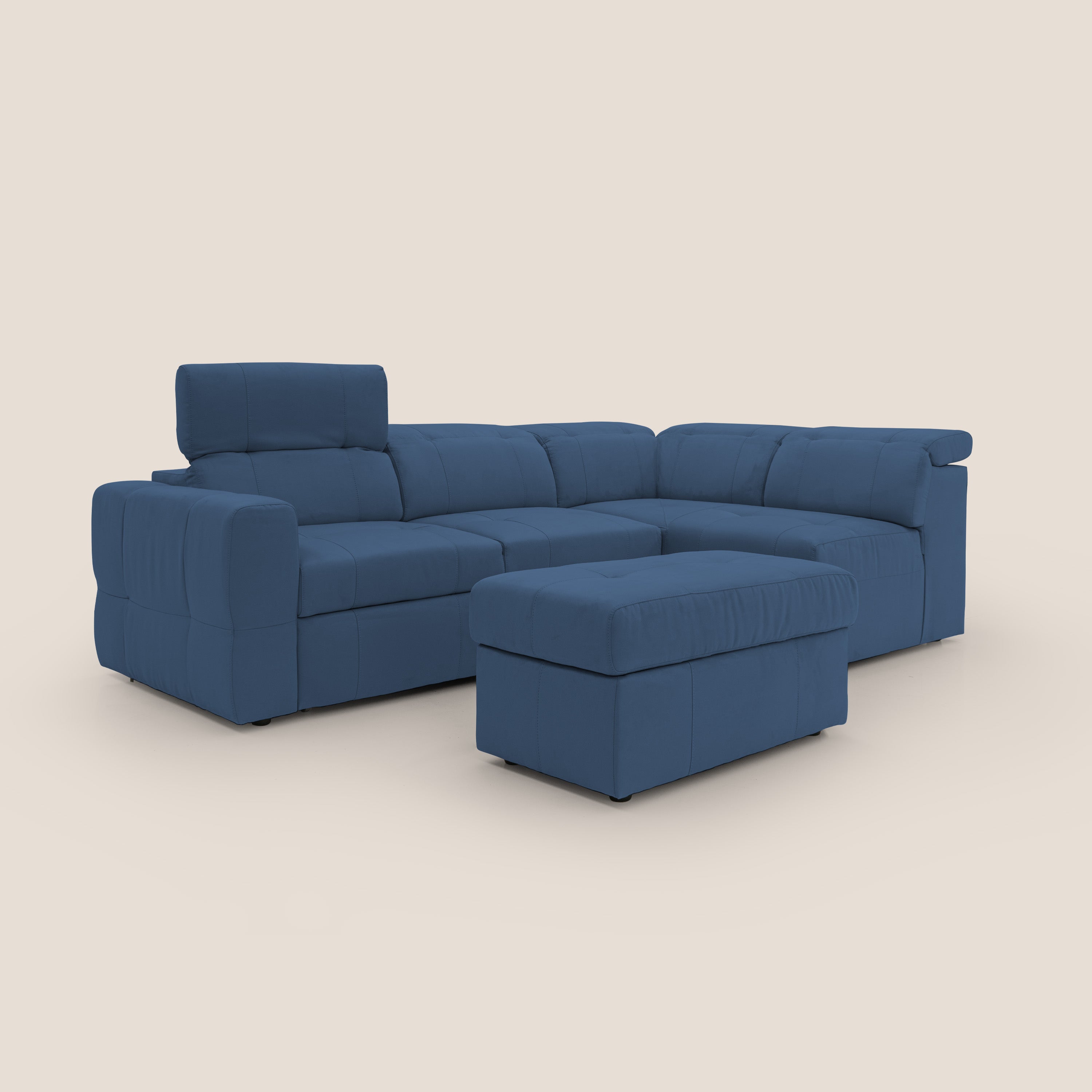 Kronos Divano angolare con poggiapiedi estraibile e pouf contenitore mobile in microfibra impermeabile T11 blu - divani.store