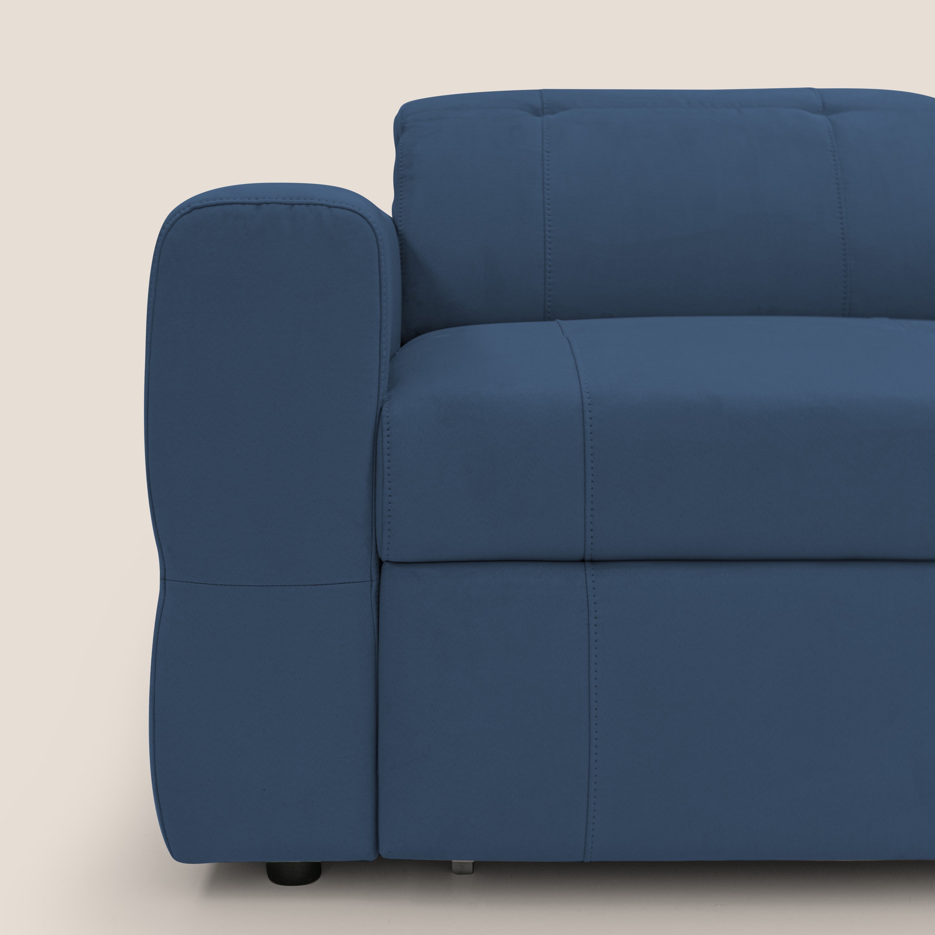 Kronos Divano con pouf estraibile poggiapiedi e poggiatesta reclinabili in morbida microfibra impermeabile T11 blu - divani.store