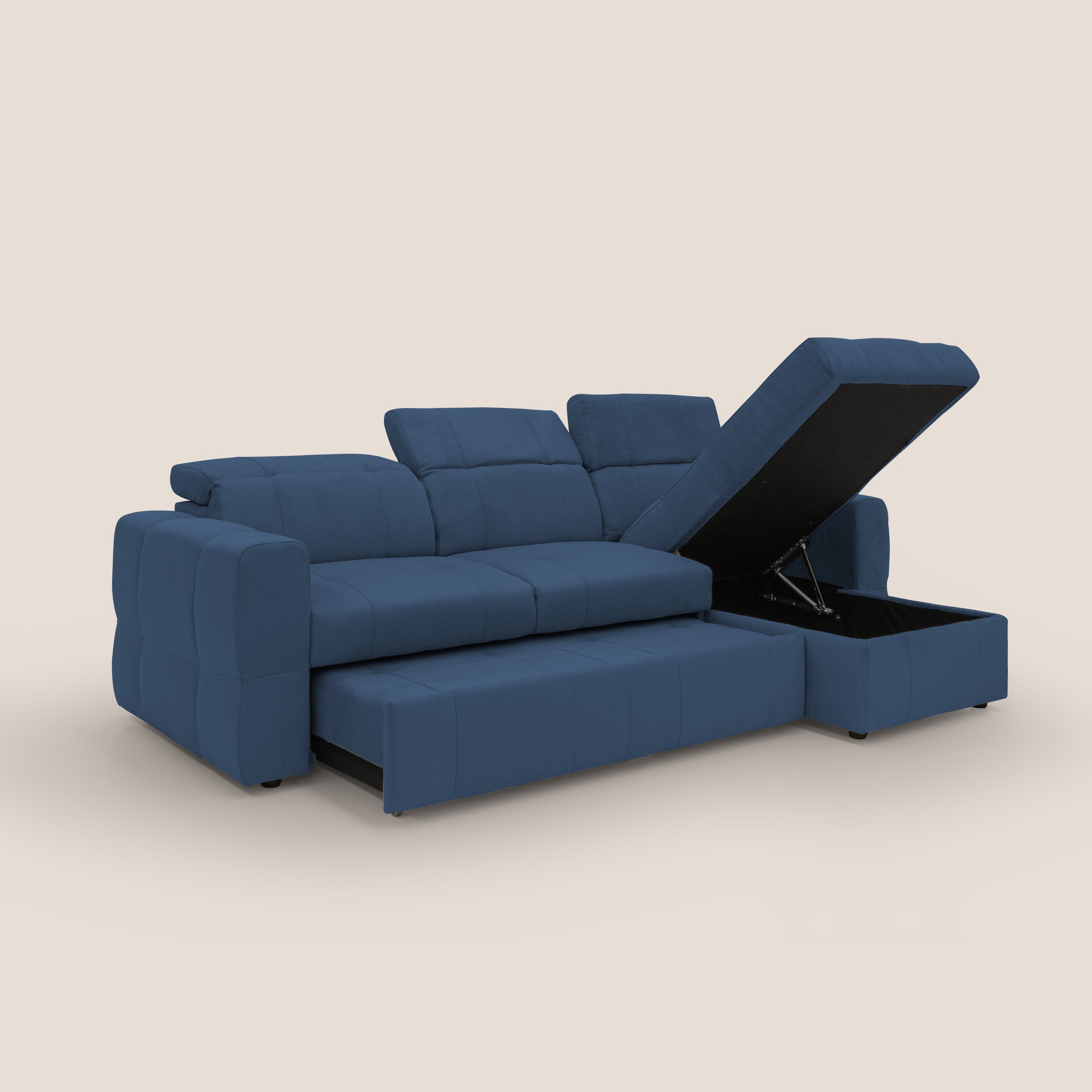 Kronos Divano angolare con pouf estraibile e penisola contenitore in microfibra impermeabile T11 blu - divani.store