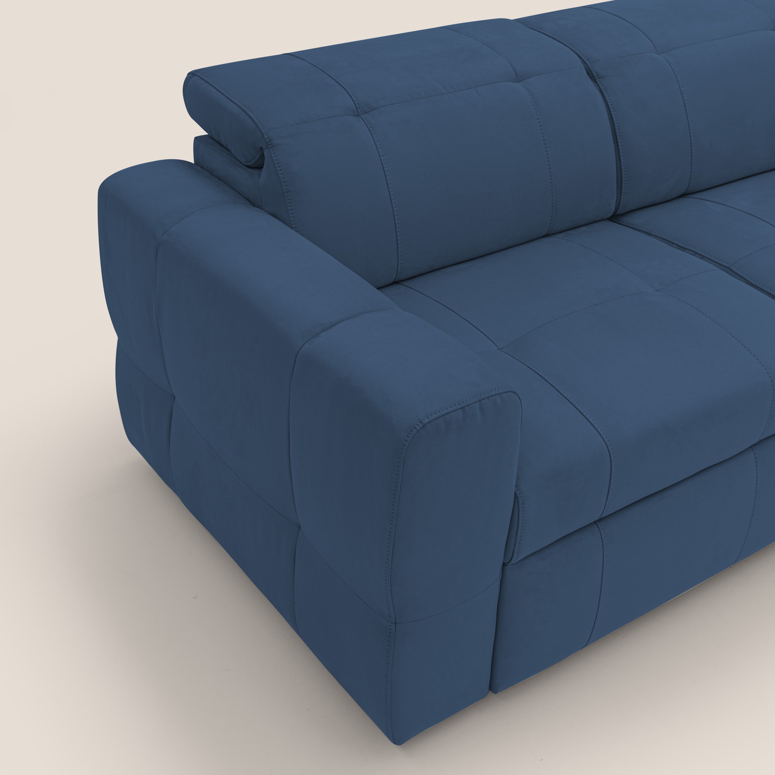 Kronos Divano con pouf estraibile poggiapiedi e poggiatesta reclinabili in morbida microfibra impermeabile T11 blu - divani.store