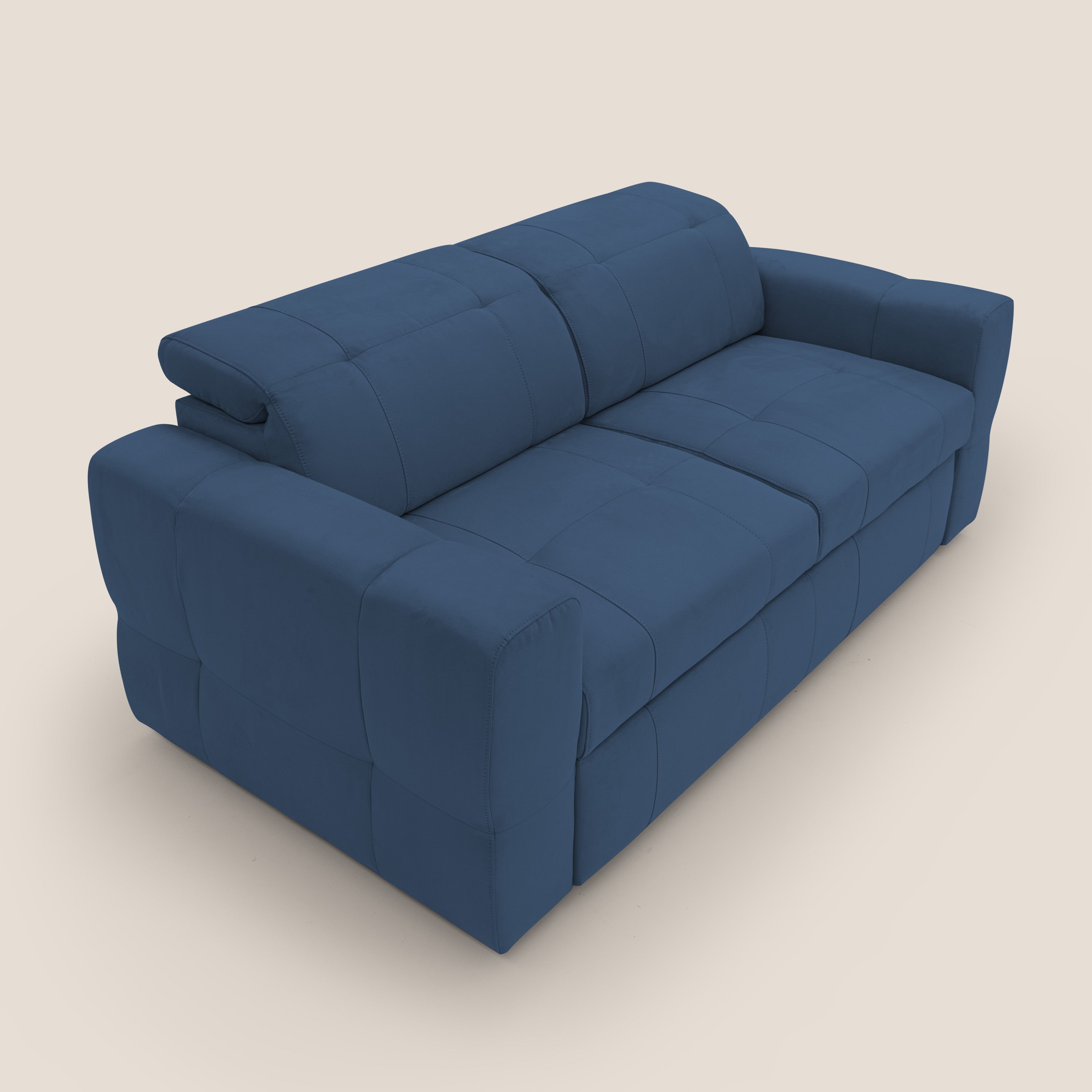 Kronos Divano con pouf estraibile poggiapiedi e poggiatesta reclinabili in morbida microfibra impermeabile T11 blu - divani.store