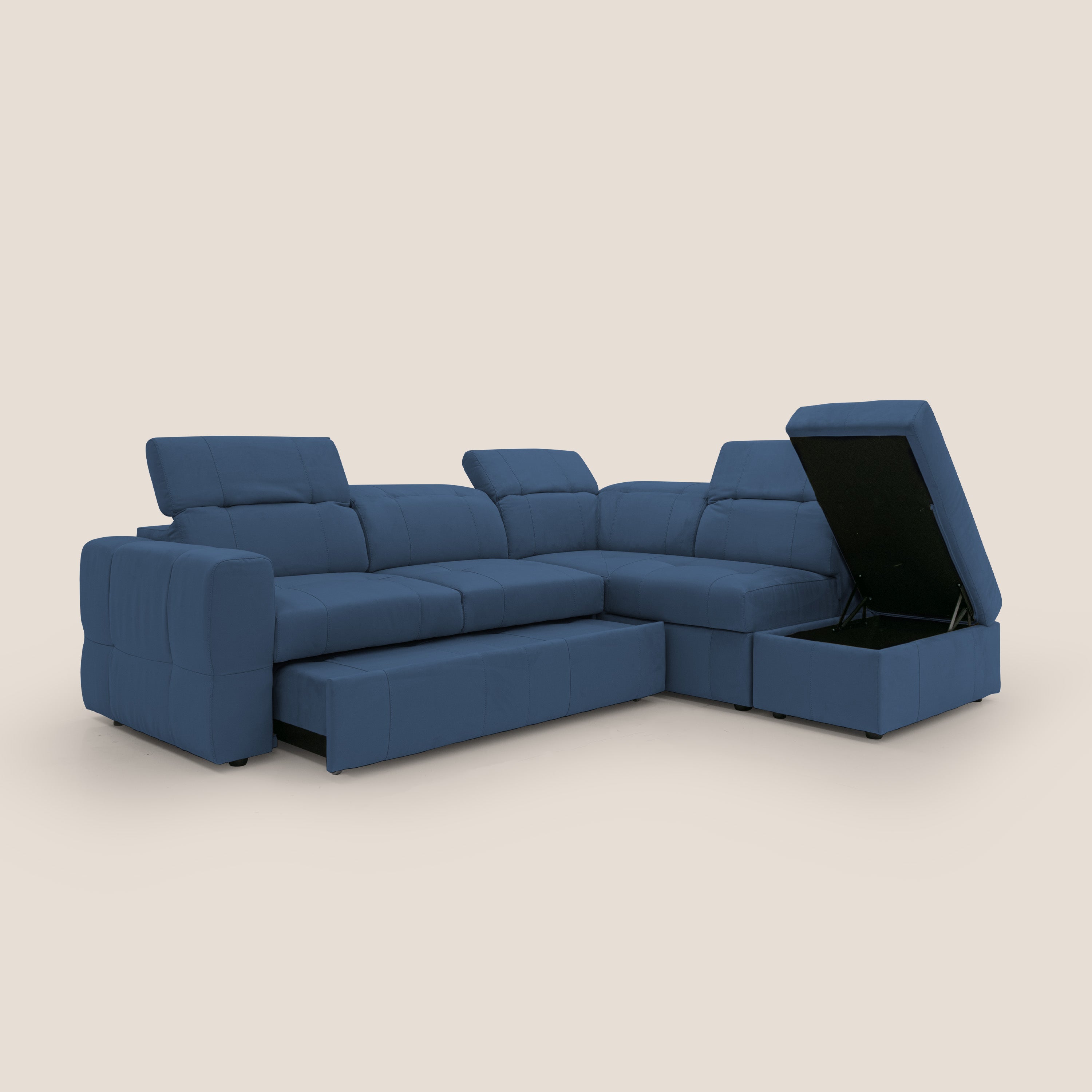 Kronos Divano angolare con poggiapiedi estraibile e pouf contenitore mobile in microfibra impermeabile T11 blu - divani.store