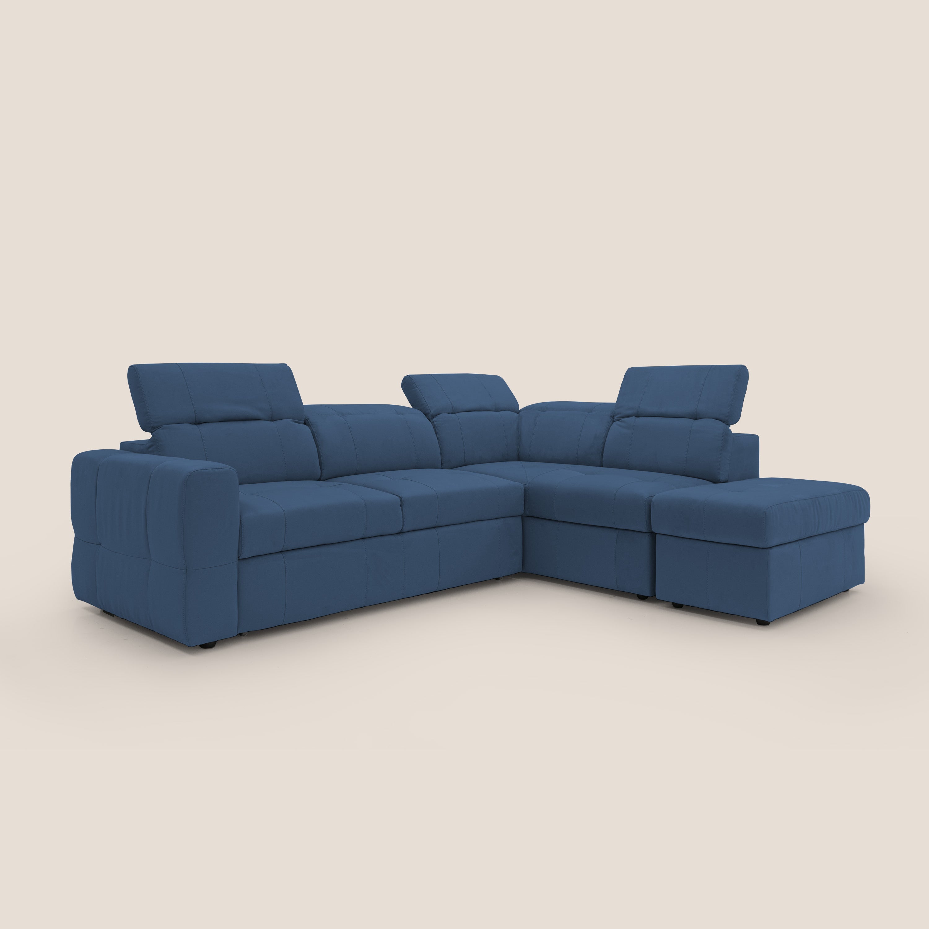 Kronos Divano angolare con poggiapiedi estraibile e pouf contenitore mobile in microfibra impermeabile T11 blu - divani.store