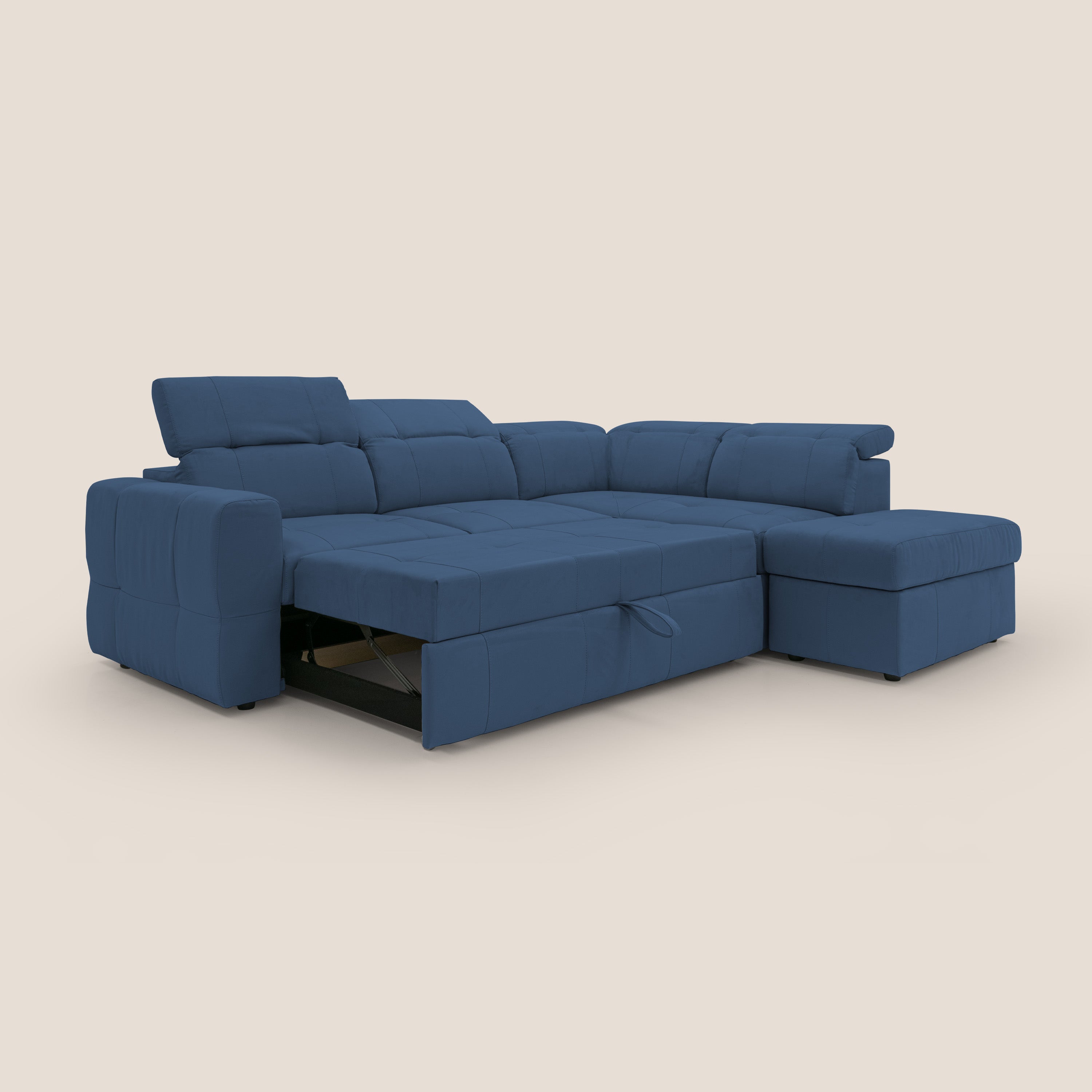 Kronos Divano angolare con poggiapiedi estraibile e pouf contenitore mobile in microfibra impermeabile T11 blu - divani.store