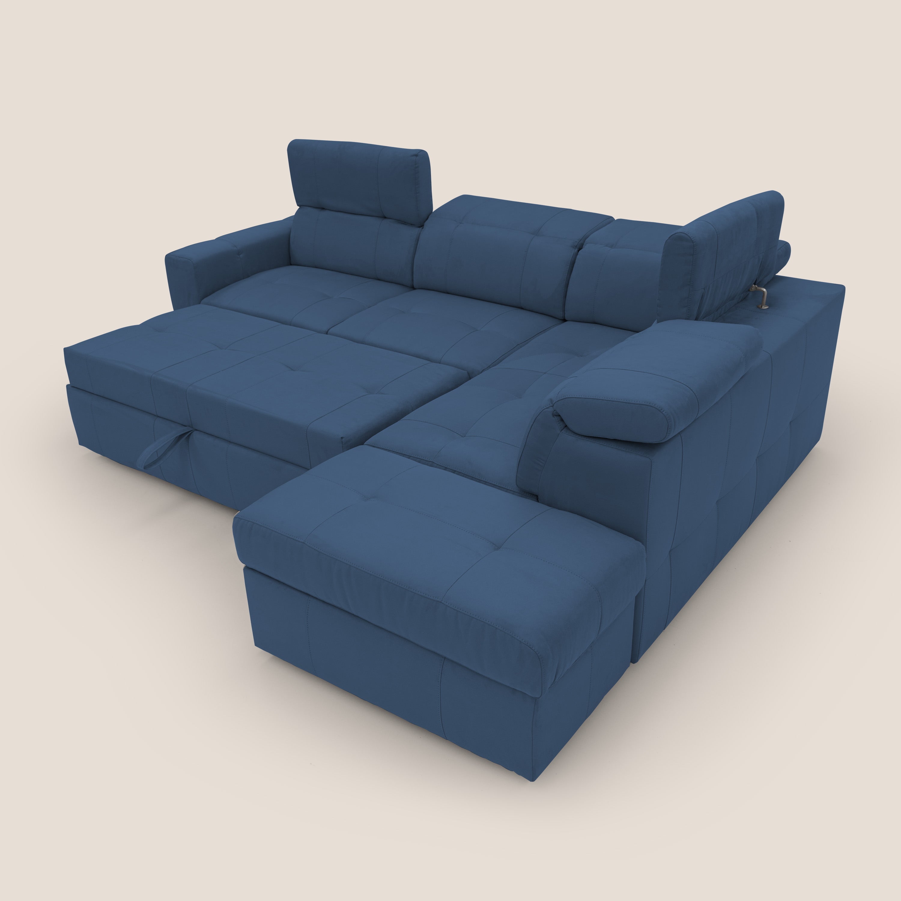 Kronos Divano angolare con poggiapiedi estraibile e pouf contenitore mobile in microfibra impermeabile T11 blu - divani.store