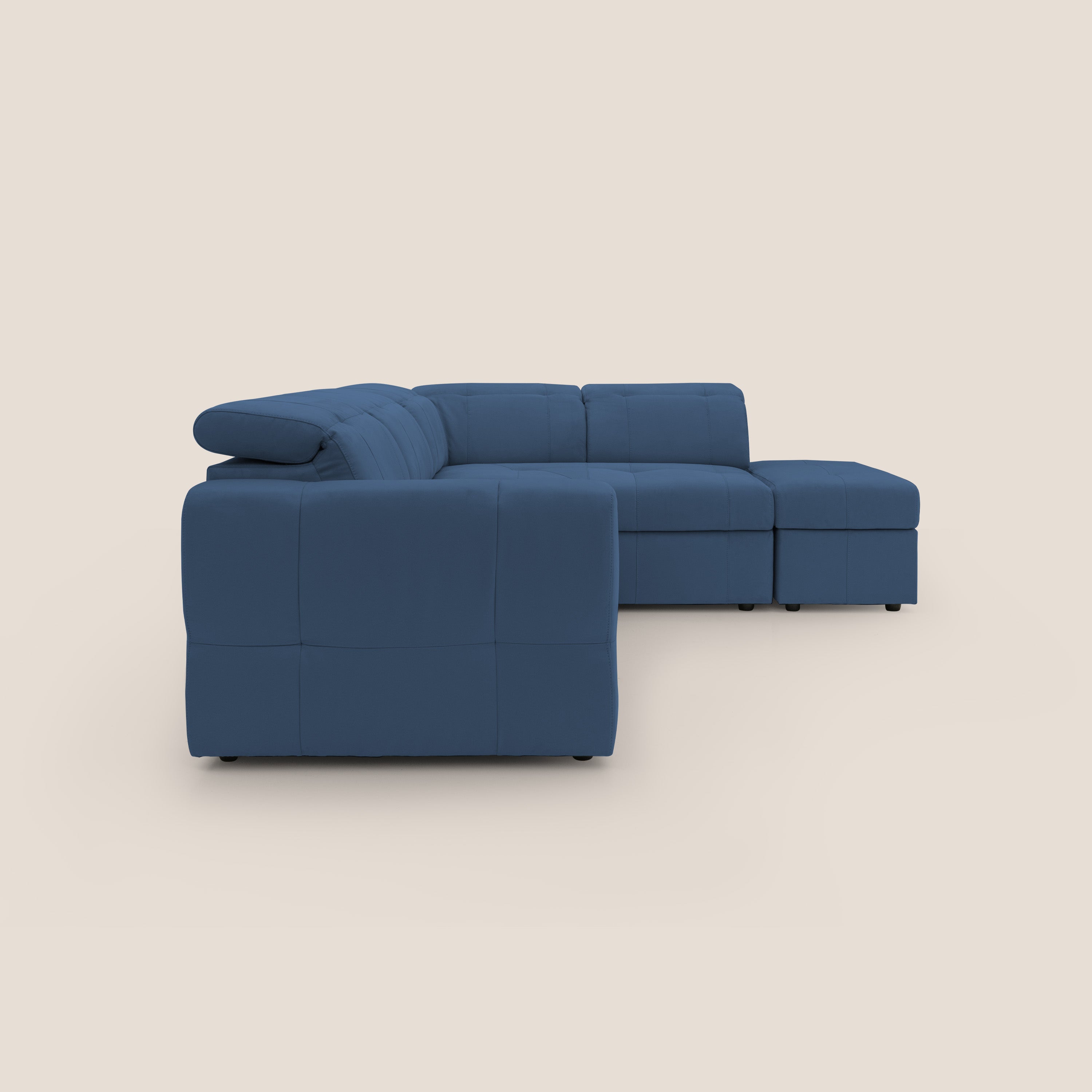 Kronos Divano angolare con poggiapiedi estraibile e pouf contenitore mobile in microfibra impermeabile T11 blu - divani.store
