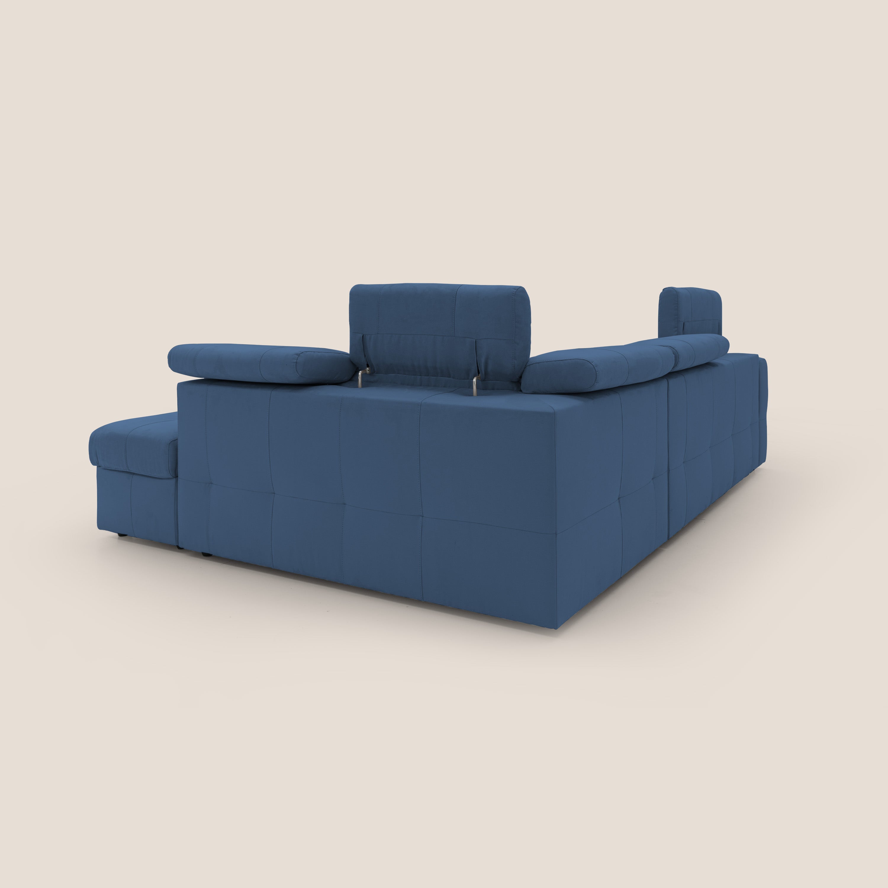 Kronos Divano angolare con poggiapiedi estraibile e pouf contenitore mobile in microfibra impermeabile T11 blu - divani.store