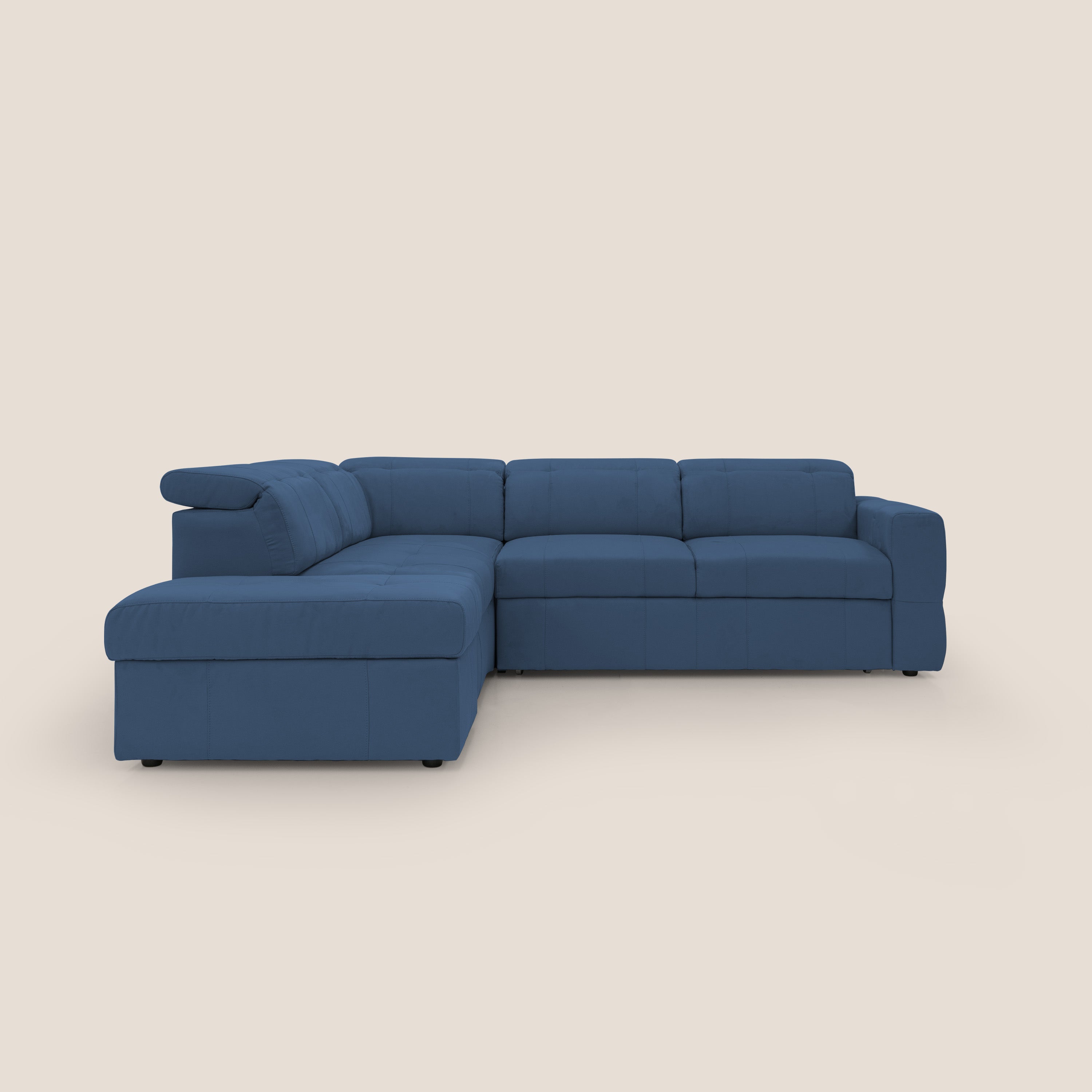 Kronos Divano angolare con poggiapiedi estraibile e pouf contenitore mobile in microfibra impermeabile T11 blu - divani.store