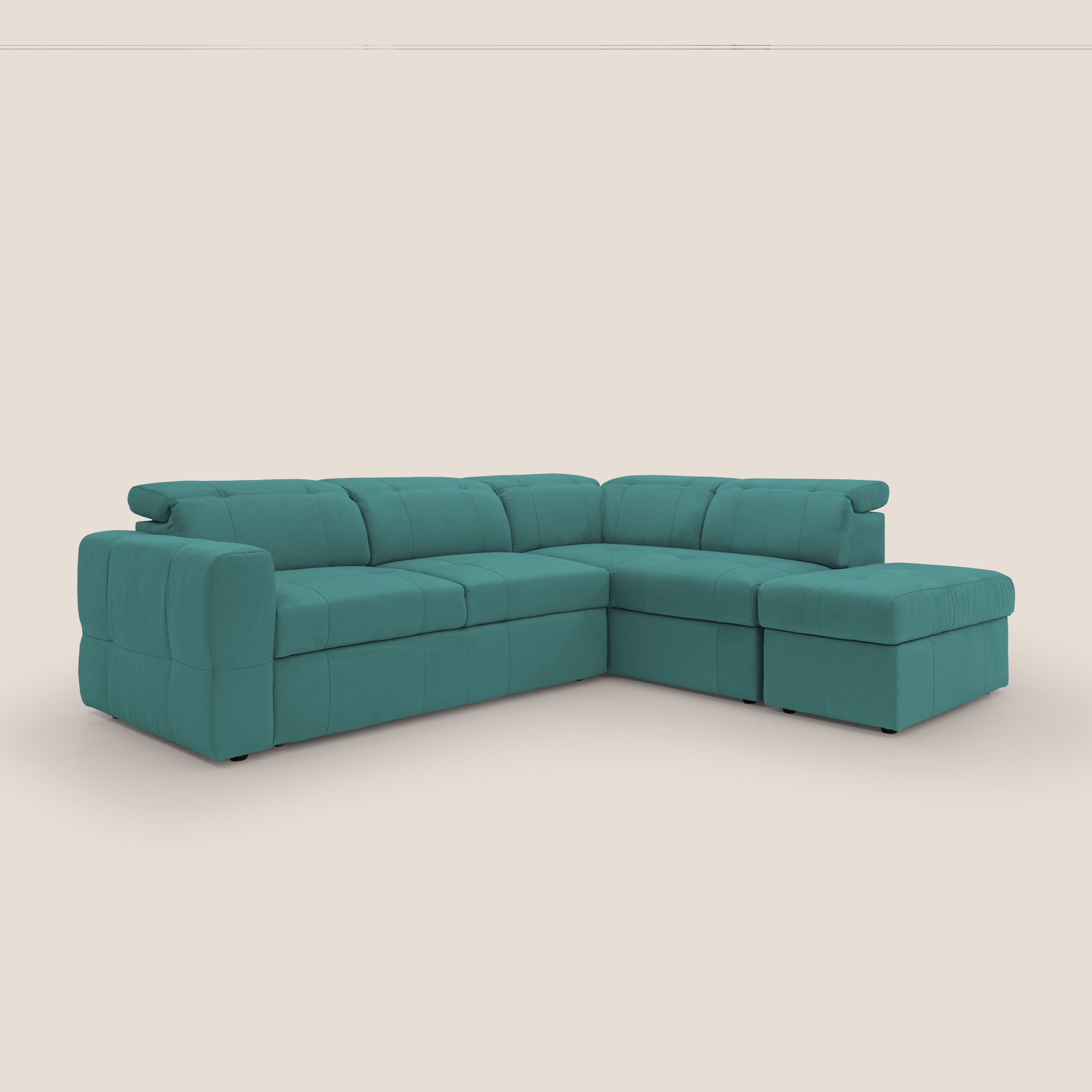 Kronos Divano angolare con poggiapiedi estraibile e pouf contenitore mobile in microfibra impermeabile T11 petrolio - divani.store