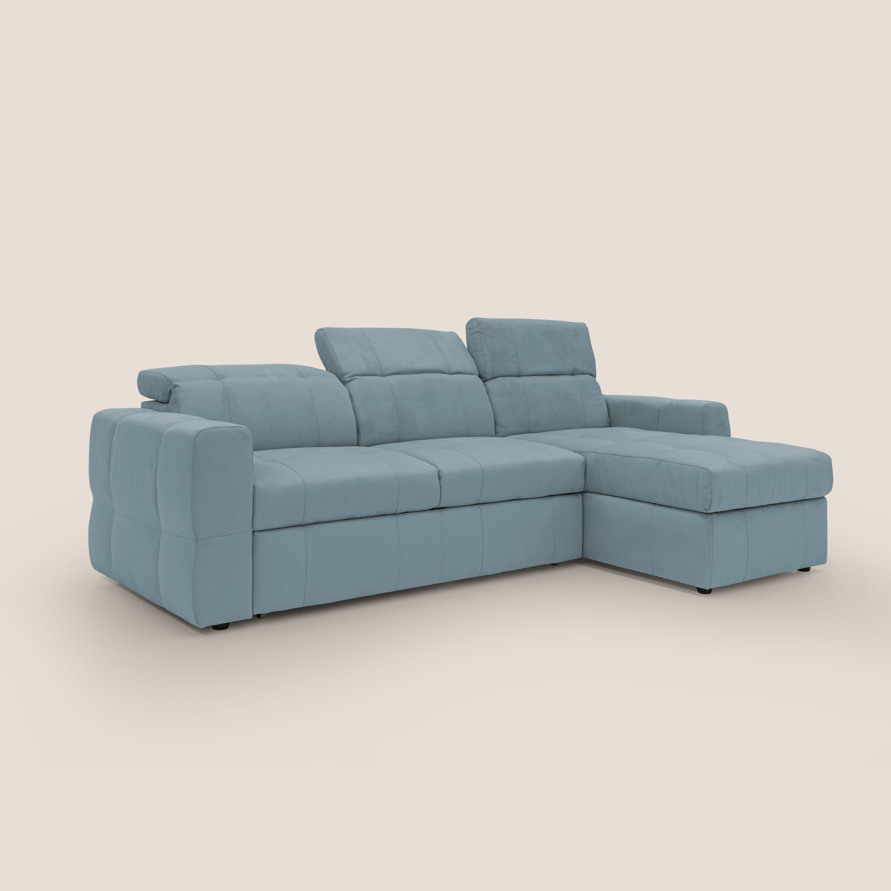 Kronos Divano angolare con pouf estraibile e penisola contenitore in microfibra impermeabile T11 carta da zucchero - divani.store