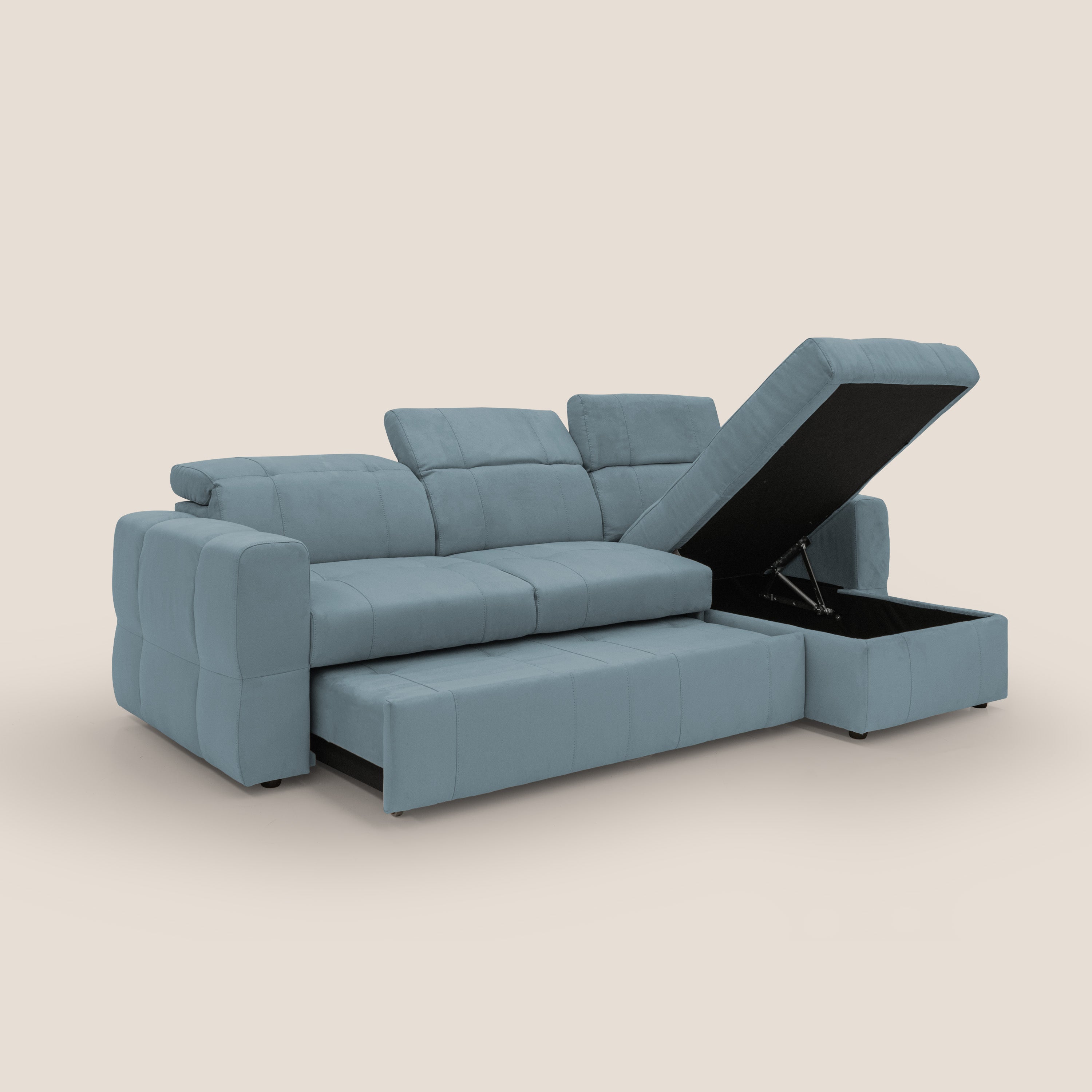 Kronos Divano angolare con pouf estraibile e penisola contenitore in microfibra impermeabile T11 carta da zucchero - divani.store