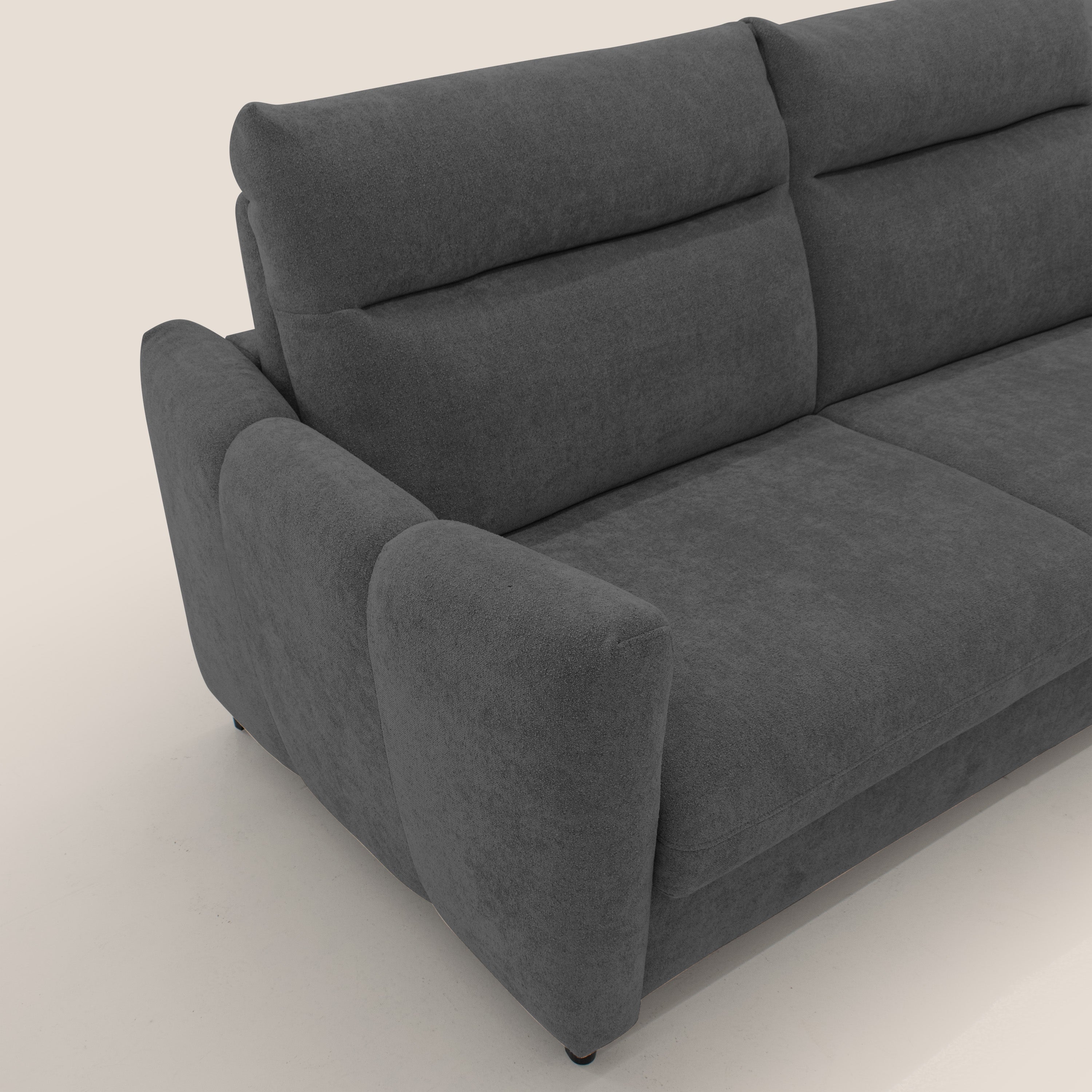 Peonia divano letto scandinavo con materasso H18 cm e morbido e alto schienale in tessuto Bouclé impermeabile T07 antracite - divani.store