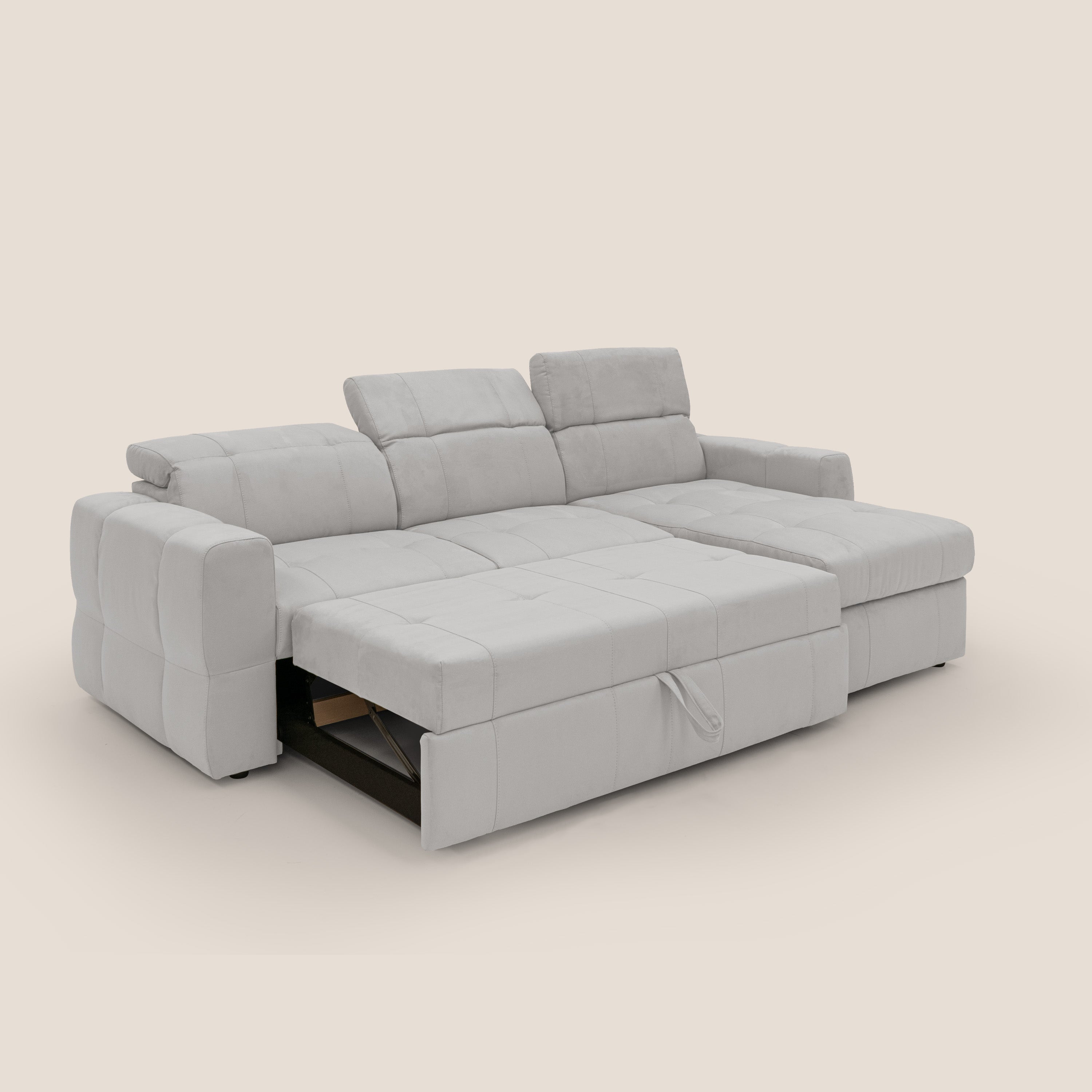 Kronos Divano angolare con pouf estraibile e penisola contenitore in microfibra impermeabile T11 grigio chiaro - divani.store