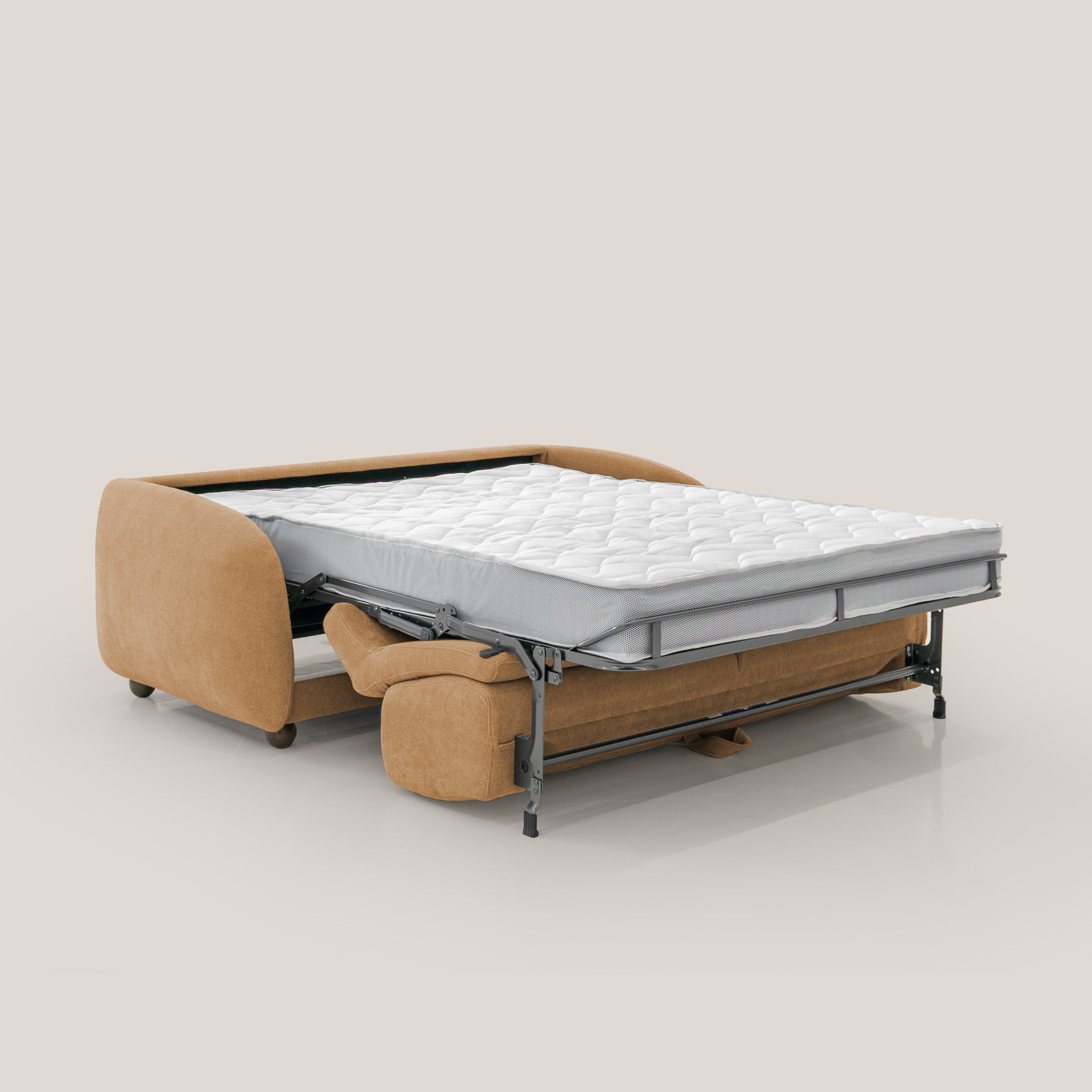 Giglio divano letto scandinavo japandi con materasso H18 cm in tessuto Bouclé impermeabile T07 arancio - divani.store